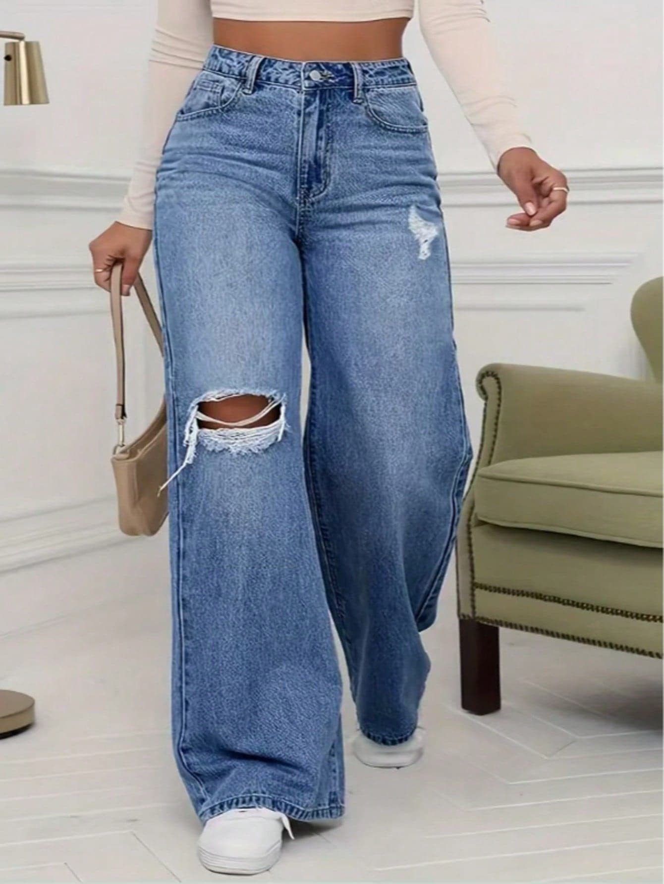 High-Quality Casual Distressed Pocket Design Wide Leg Jeans Spring