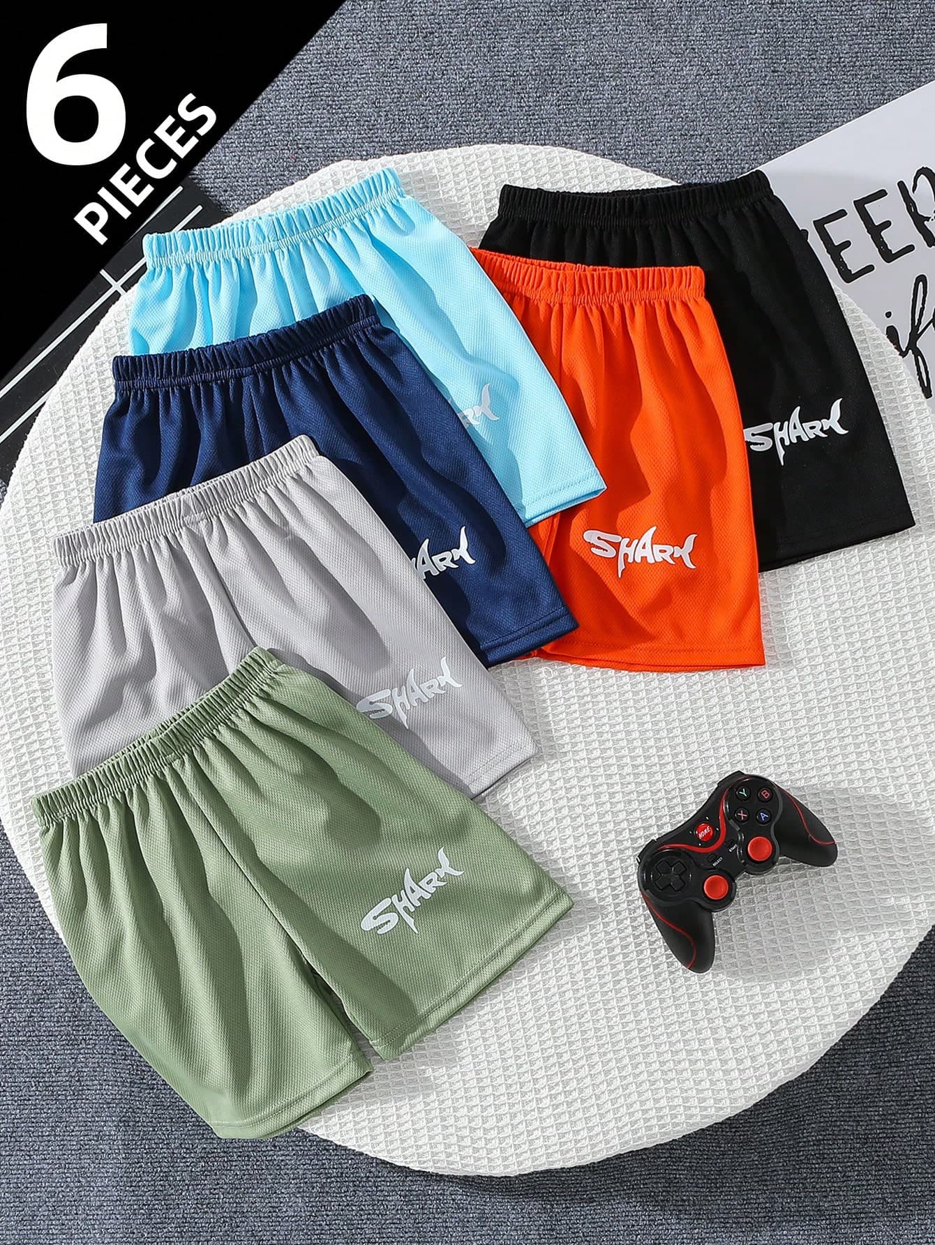6pcs/Set Boys Mesh Sports Shorts, Shark Printed Lightweight Outdoor Running Shorts, Loose Fit For 4-12 Years Old
