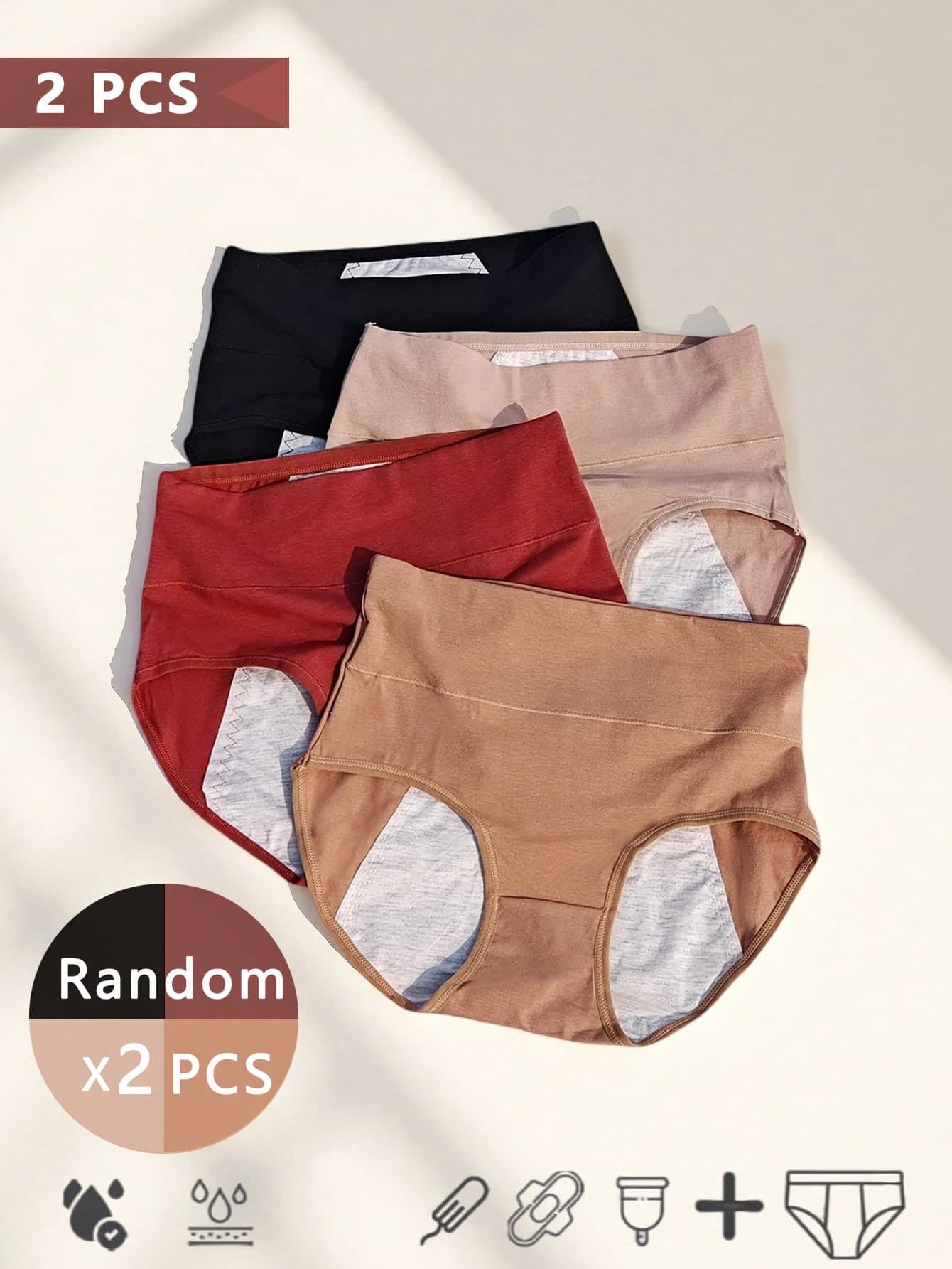 2pcs/Pack Women High Waist Period Panties, Menstrual Underwear (Random Color), Wider Waistband, High Elasticity, Plus Size XS-XXL, Random Delivery