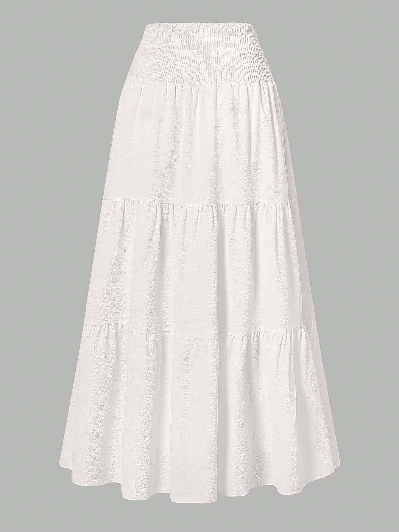 Women's Solid Color Minimalist Versatile Ruffle Hem Bubble Crinkle Feeling Semi-Sheer Skirt White Summer