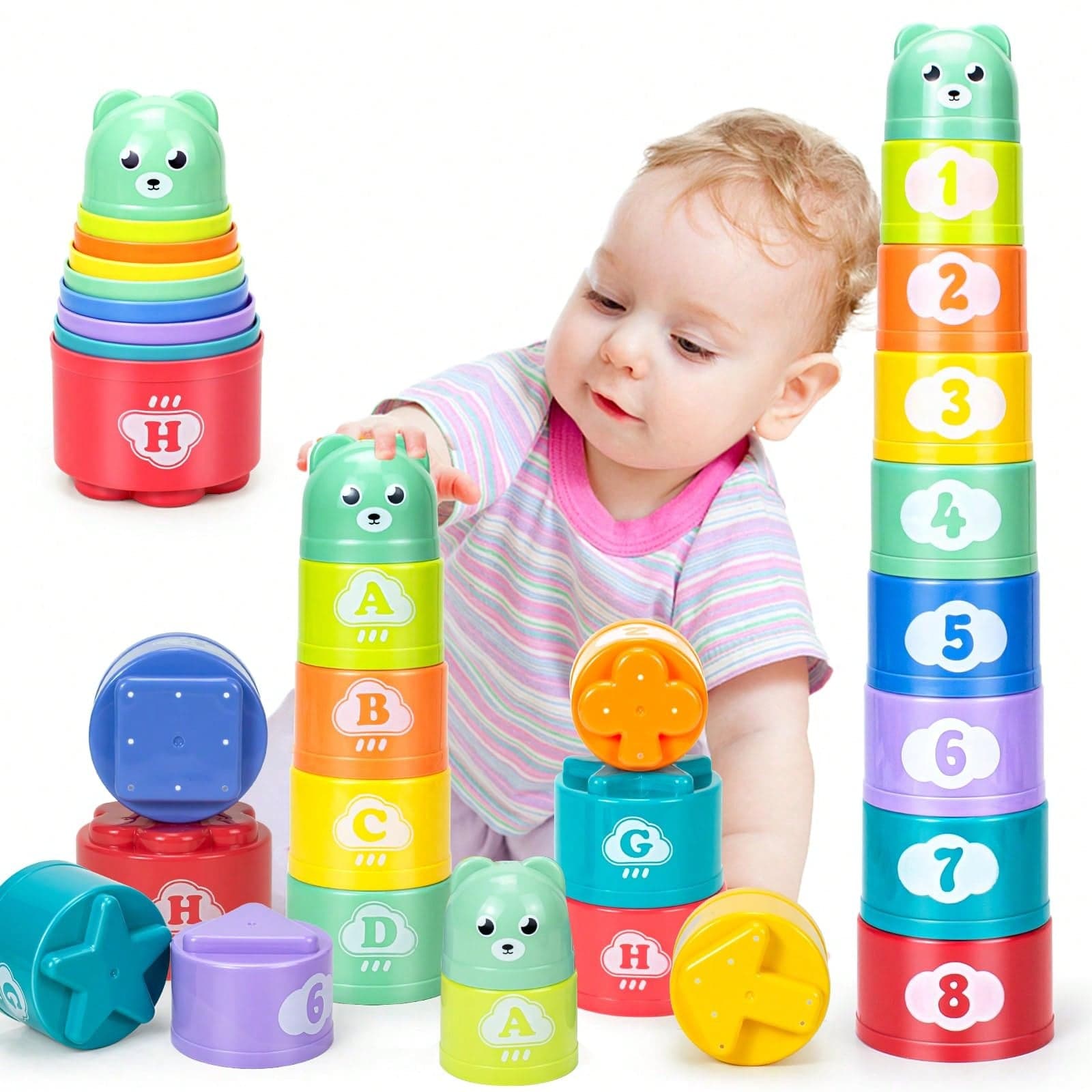 9pcs Baby Stacking Cups Toy Set, Children's Sorting Science Educational Cognitive Large Building Blocks, Numbered Letter Pattern Stacking Cups Cartoon Bear Baby (Random Color), Cute Dinosaur Toy, Party Favor Bag Filler, Game Supplies, Birthday Gift