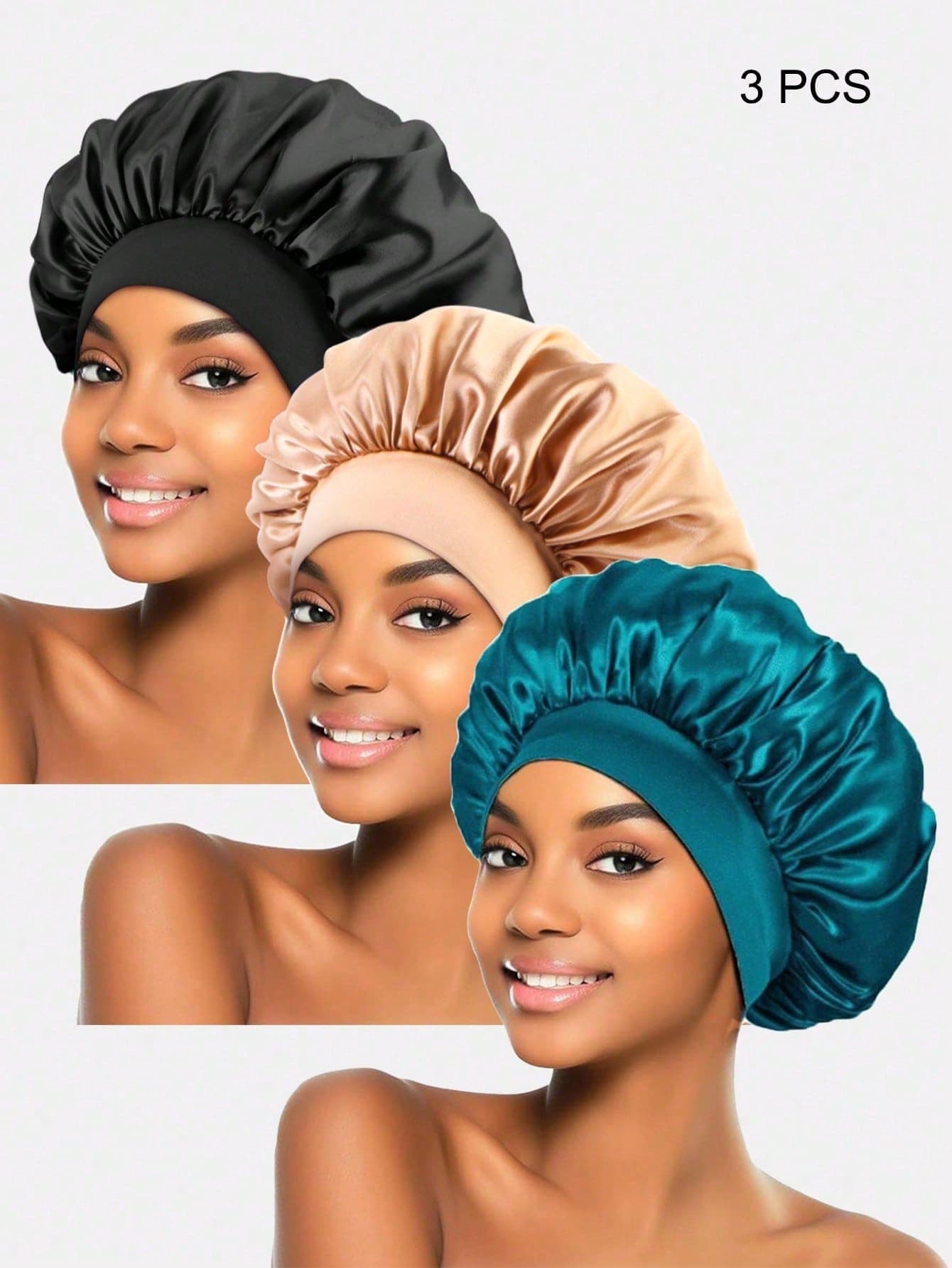 3pcs Solid Color Satin Hair Caps, Hair Care Caps, Black, Night Care And Daytime Home Comfort, Beauty Sleep Caps, Suitable For Curly And Natural Hair