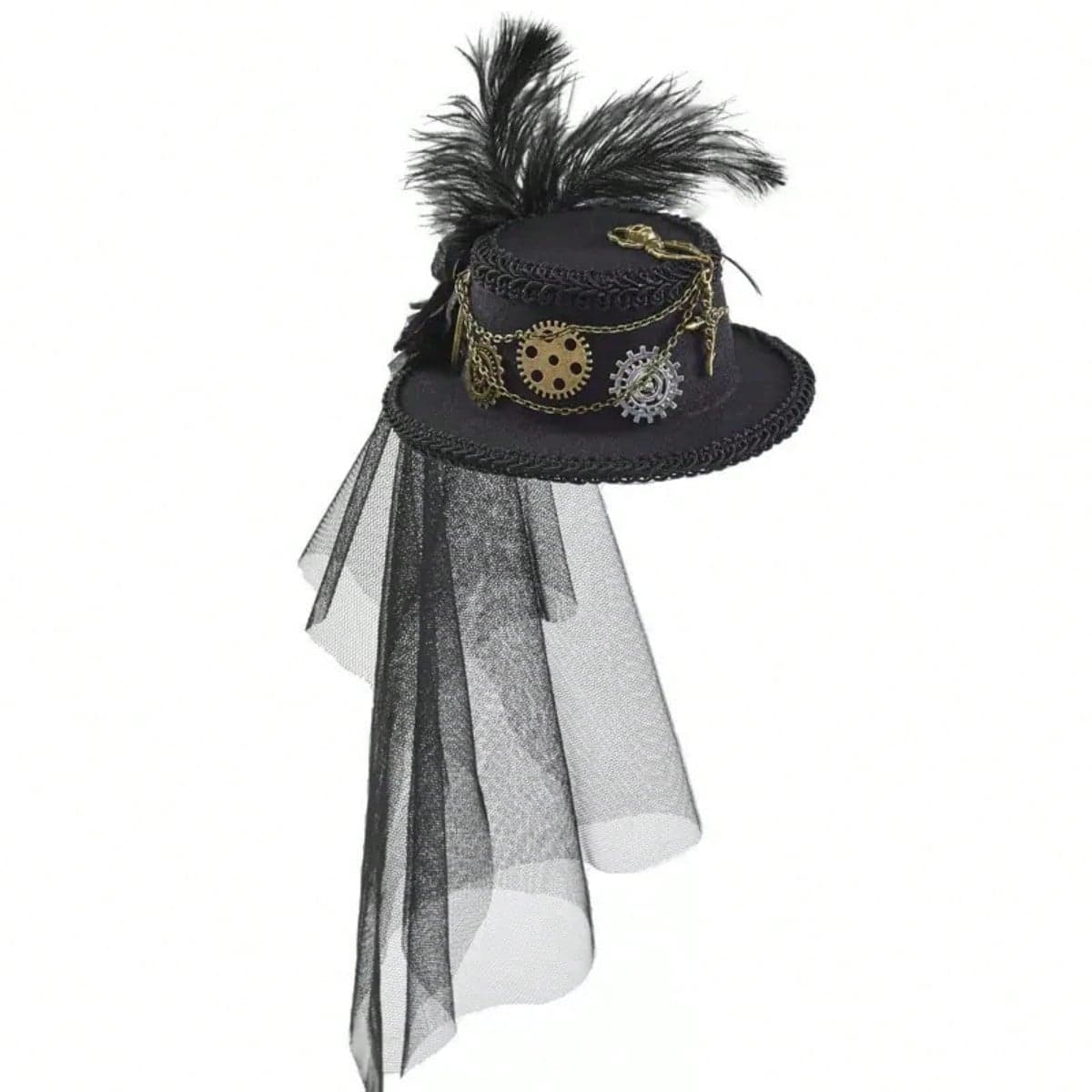 1pc Gothic Retro Steampunk Mini Top Hat With Skull, Feather, Rose Chain Decoration - Anime Vampire Theme Party Women Headpiece, Non-Stretch Brocade, Dark Headdress With Feather Accent Halloween