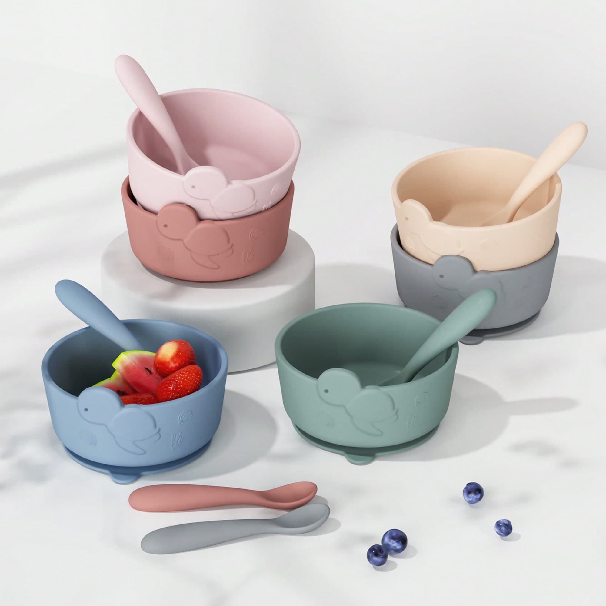 2pcs Cute Turtle Silicone Baby Bowl Set, Suitable For Babies 6 Months+! Anti-Tipping Suction Base + Anti-Leak Design + 120ml Spoon! Adorable Animal Pattern Bowl Body, Non-Slip Handle, Dishwasher . Perfect Infant Feeding Solution For EU Parents And Halal Families In MENA! Beautifully Packaged. Essential Baby Gift, Ideal Choice For Modern Parents!