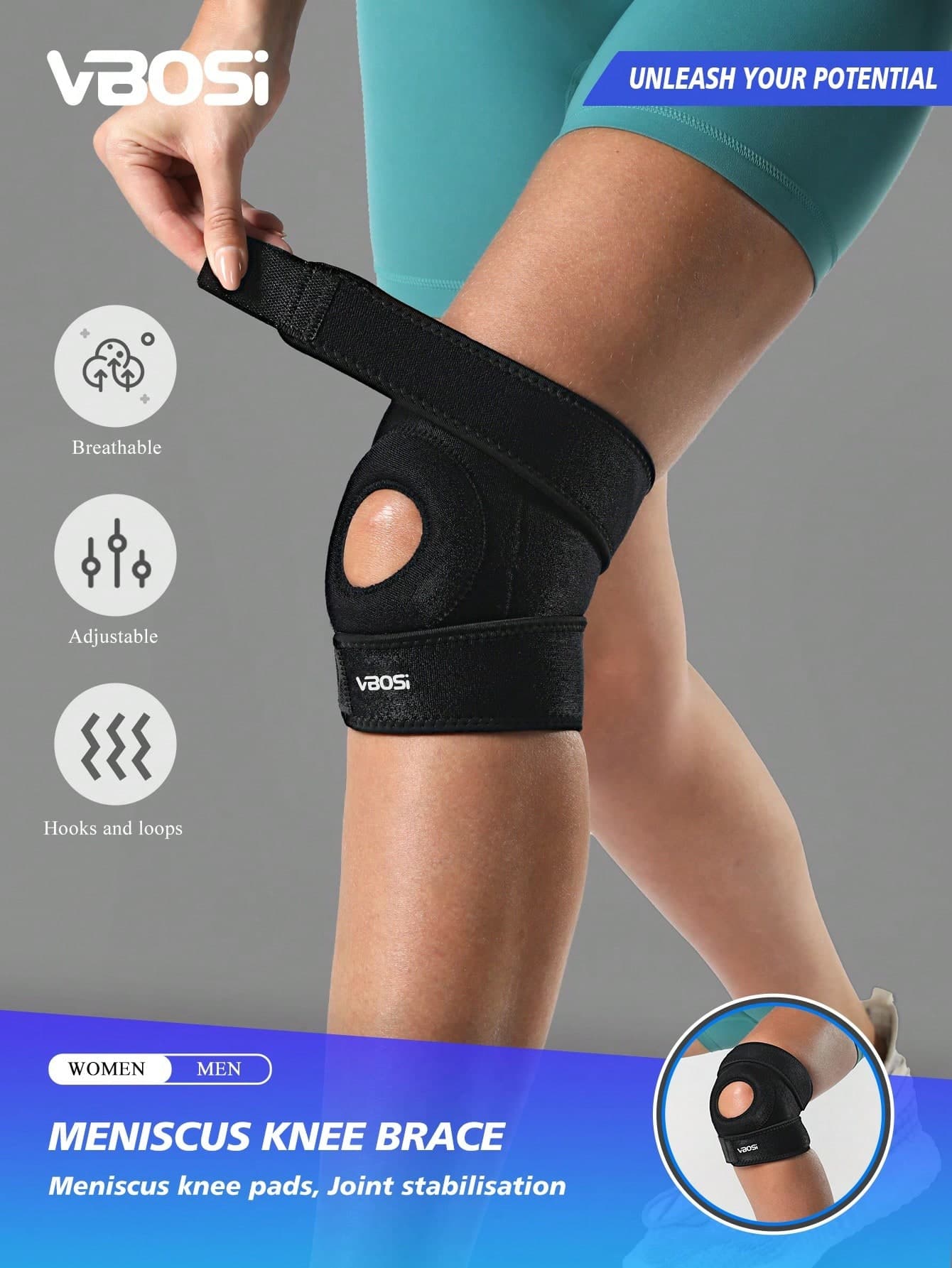 VBOSI 1pc Adjustable Knee Brace With Breathable Holes, Unisex Knee Support For Basketball, Running, Weightlifting (Small Size)