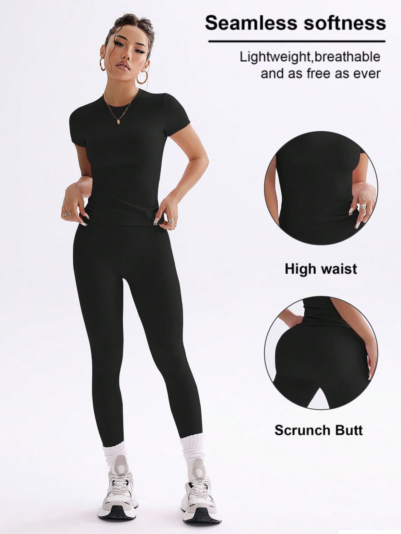 FWH #Campus Style OOTD #Sweet Girl Fitness Set, Sweet & Cool Campus Fitness 2-Piece Set, Spring/Summer Elastic Slim Fit Round Neck Sweet Fashion Sports