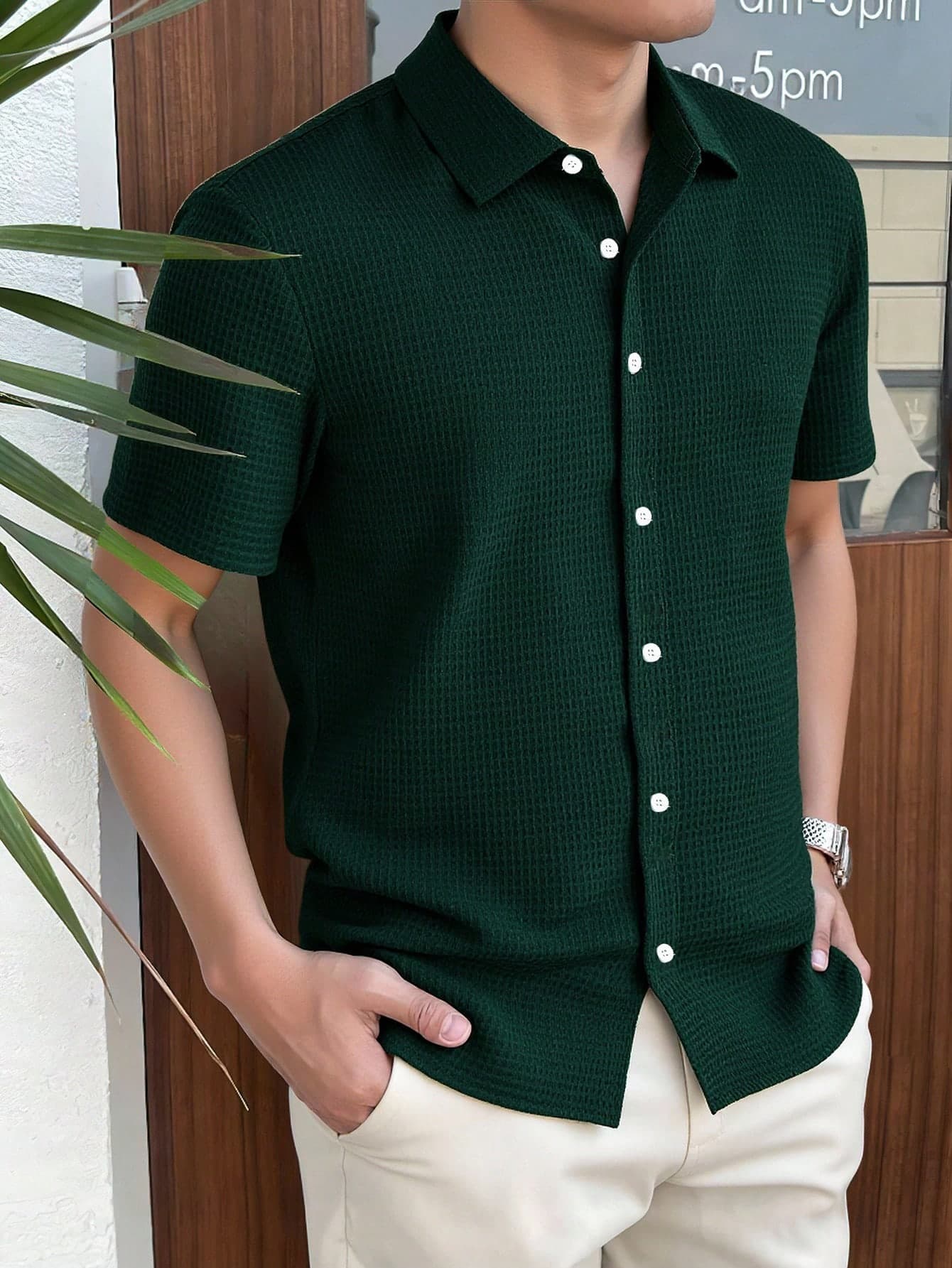 Men's Waffle Textured Solid Color Short Sleeve Single Breasted Shirt With Collar, Spring/Summer