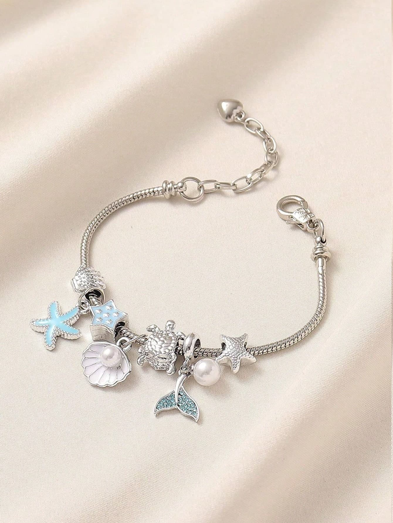 Ocean Theme Charm Bracelet, Mermaid Tail Starfish Shell Turtle Pearl Dangle Snake Chain Adjustable Bracelet Summer Beach Vacation Jewelry Gift