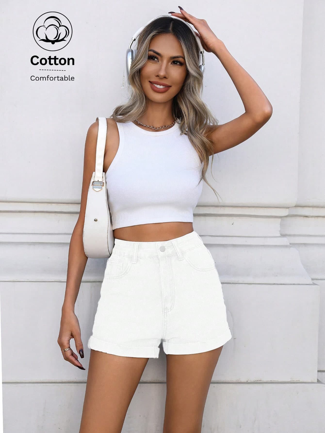 Mobula Sound#Spring/Summer Versatile Vacation Fashion Sexy Straight Leg Cuffed Denim Shorts For Women Students College Blue Casual White