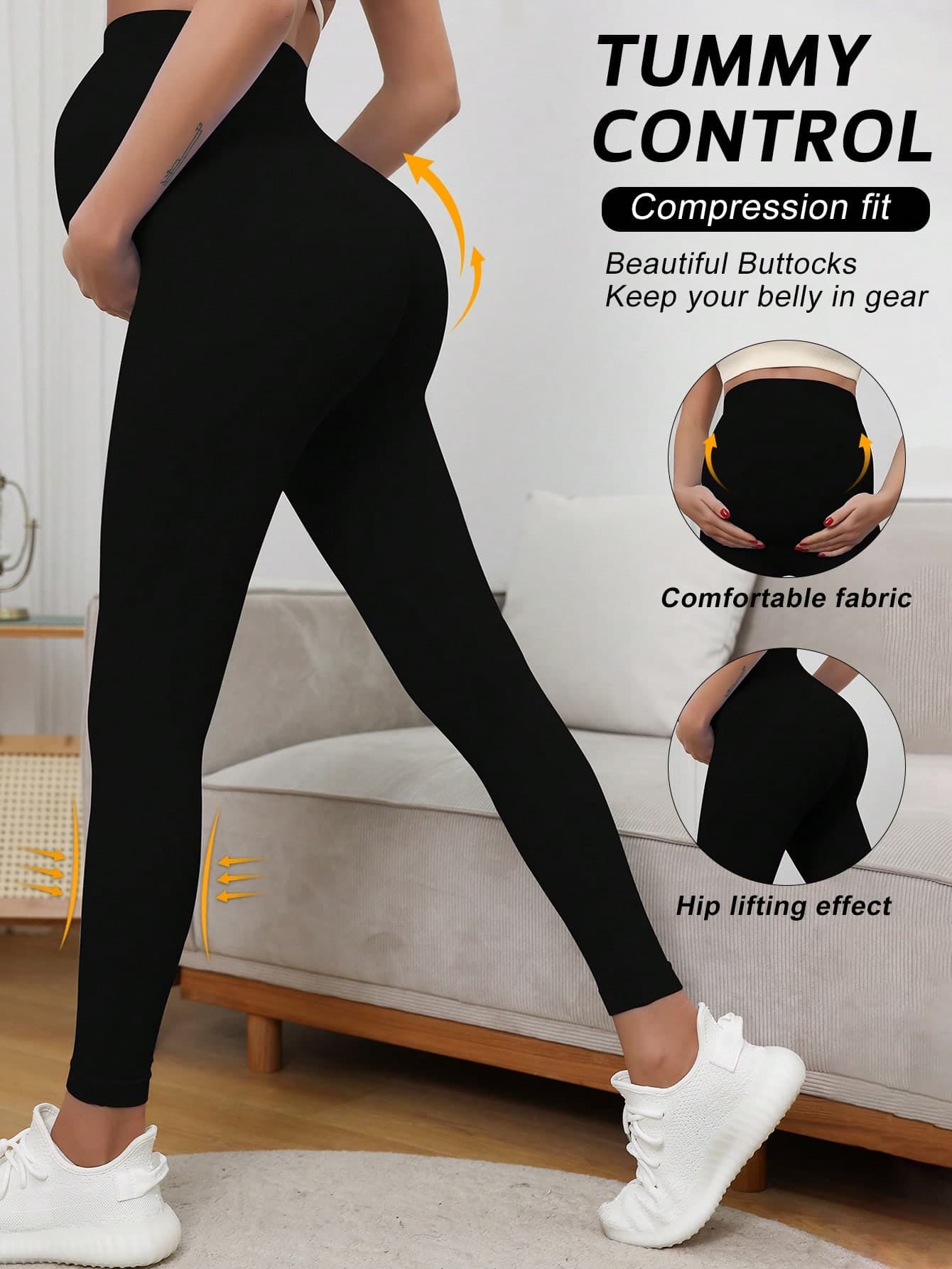 Pregnant Women High Waist Elastic Solid Color Leggings, Suitable For Casual Daily Wear Black Spring Summer