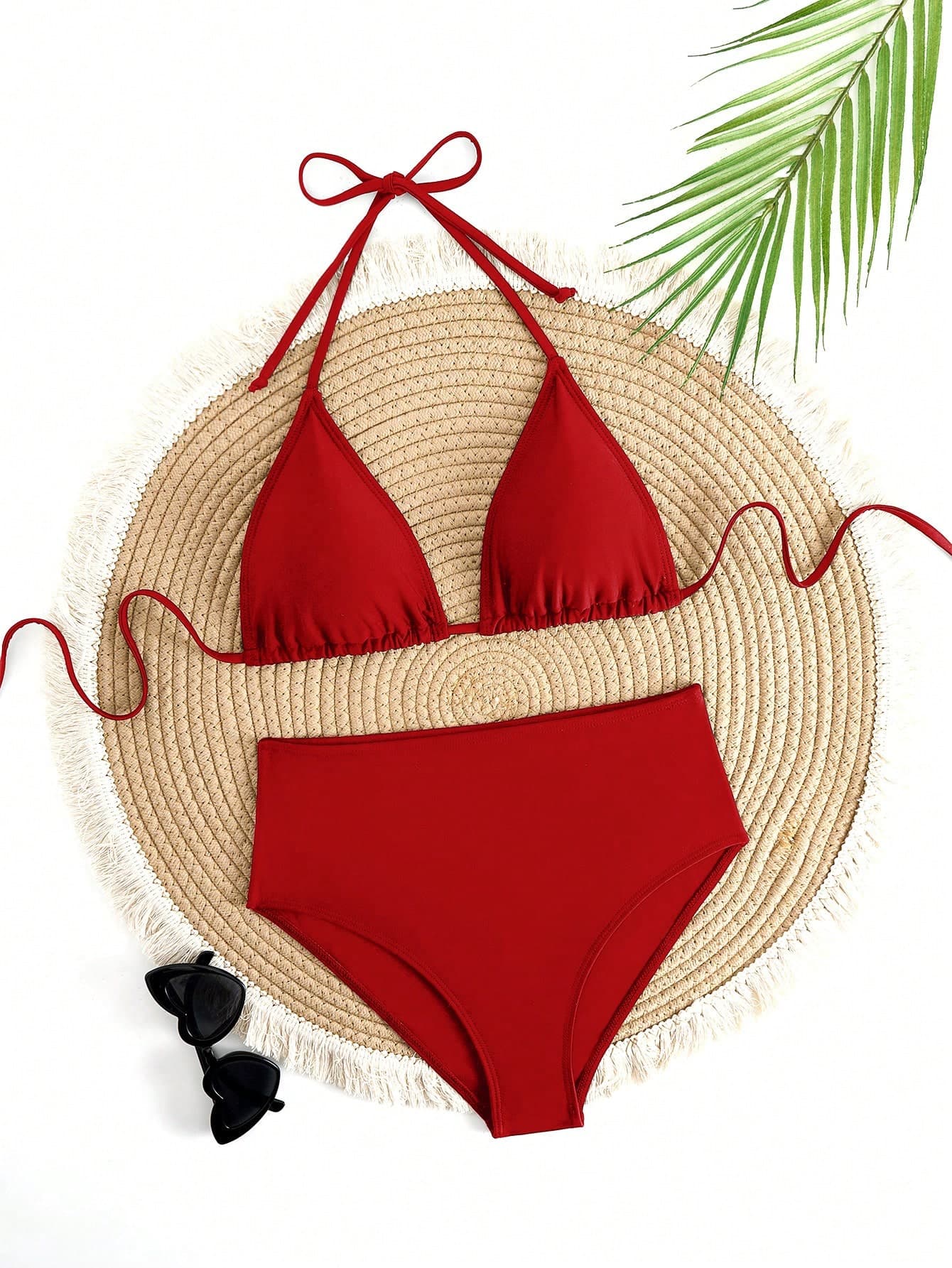 Women's Solid Color Adjustable Chest Tie Triangle Cup Sexy Bikini Swimwear Set Vacation Beach Summer Red