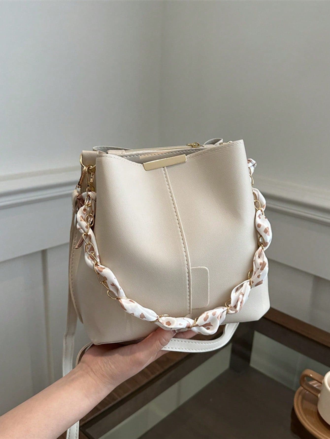 DAZY PU Leather Bucket Bag With Chain Accent, Crossbody For Women