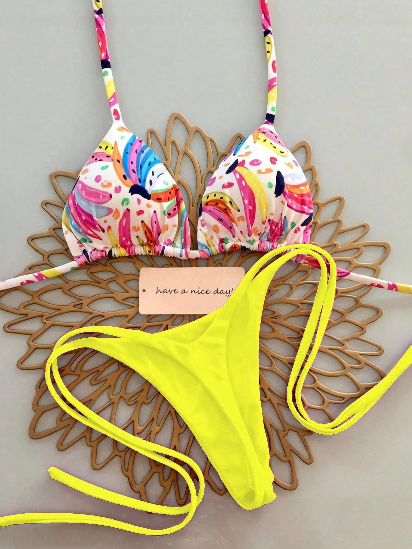 2pcs Women Summer Beach Pattern Print Halter Tie Side Sexy Thong Bikini Set Vacation Yellow