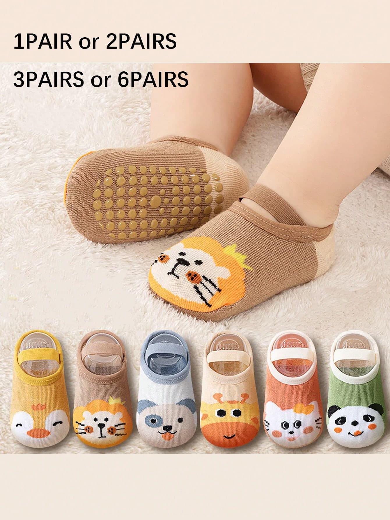 1/2/3/6 Pairs Unisex Baby Toddler WalkingFloor Socks, All Season, Anti-Slip DotGrip, Cold Insulated, Cute Animal Pattern,Lace-Up Non-Slip Boat Socks