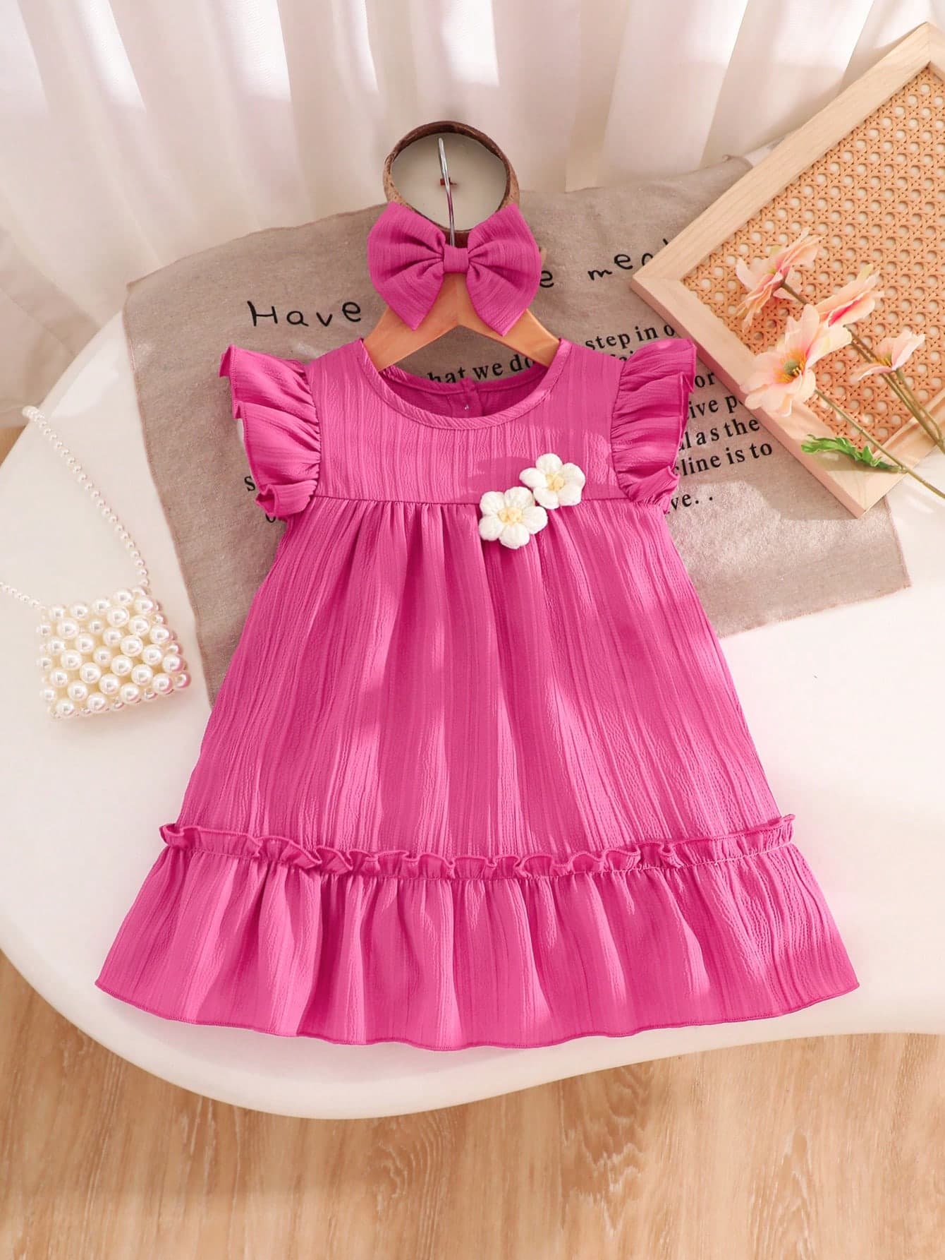 2pcs/Set Baby GirlSolid Color Casual Cute Crotchet 3D Flower Cap Sleeve Dress + Headband