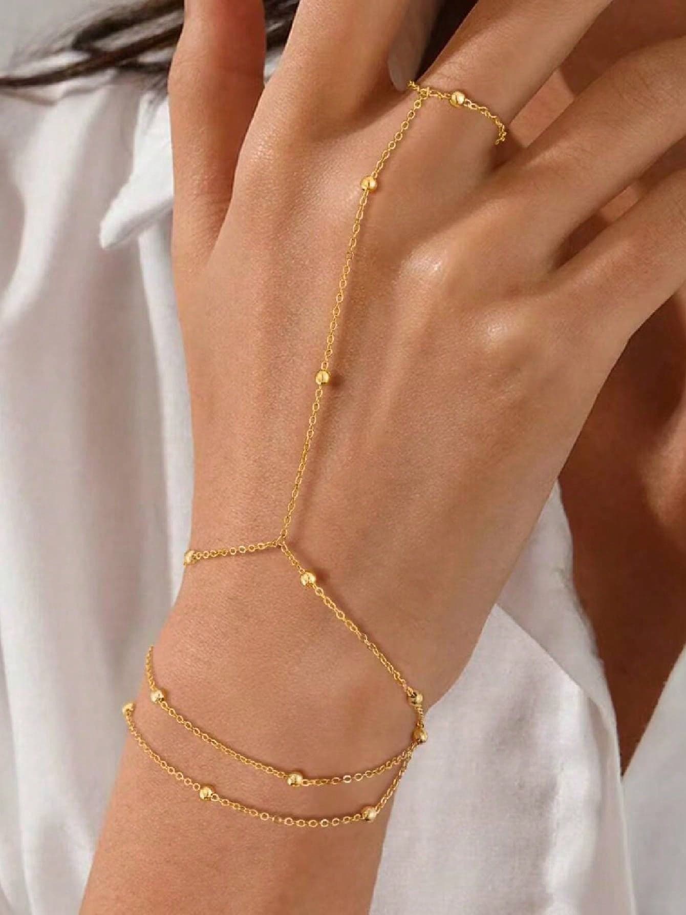 1pc Fashionable Stainless Steel Linked Fingertip Bracelet, Minimalist Versatile Rice Pearl Finger Chain Hand Jewelry (Bead Count Random)