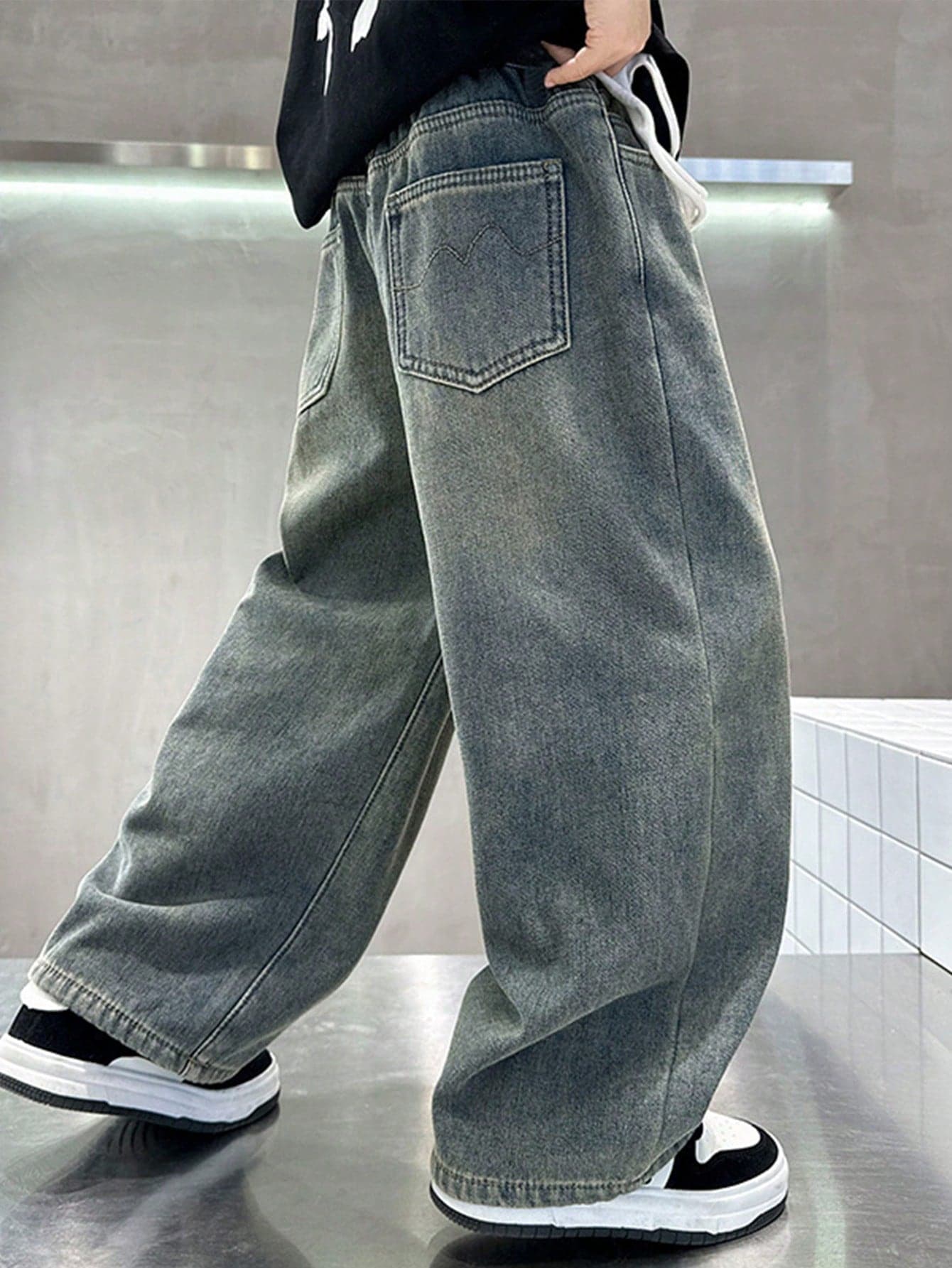 Tween Boy Loose Fit Pockets Solid Color Denim Wide Leg Pants