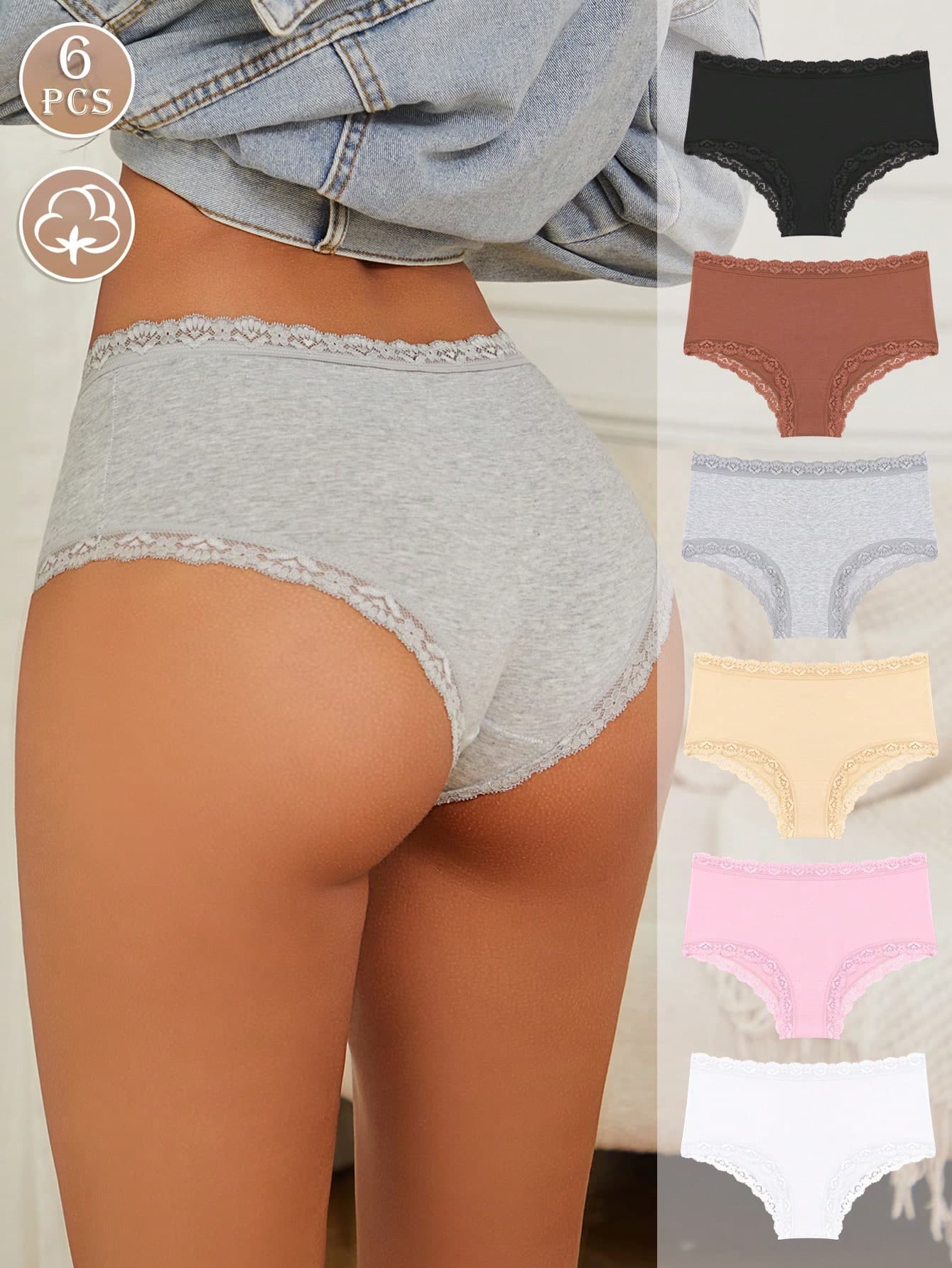 6pcs Comfortable & Sweet Lace Patchwork Organic Cotton Women's Briefs