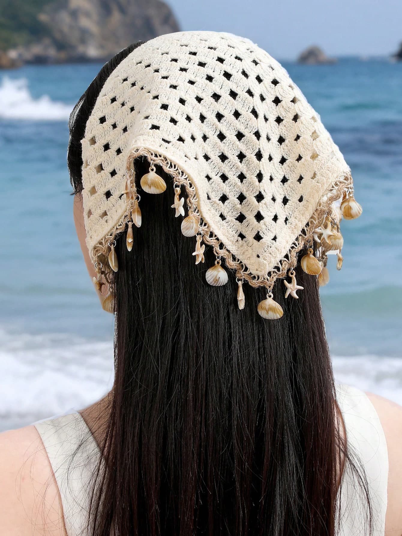 1pc Boho Beige Crochet Bandana Headband With Shell & Starfish Tassel Fringe, Beach Holiday Head Wrap