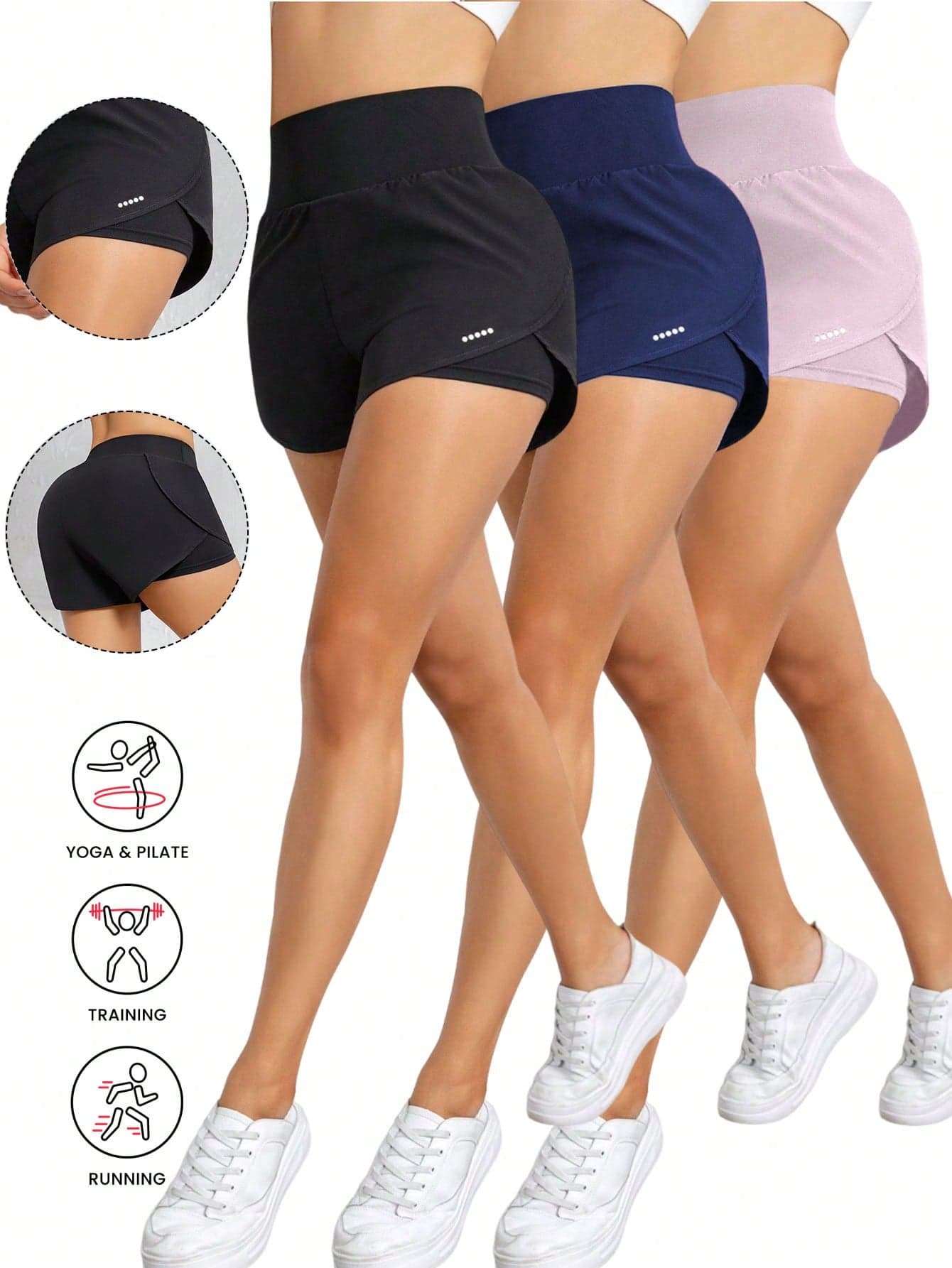 3pcs Women's Sports Yoga Shorts, High Waist Comfortable Fit, Loose Running Fitness Shorts, Breathable Quick-Dry Fabric, Sporty Summer