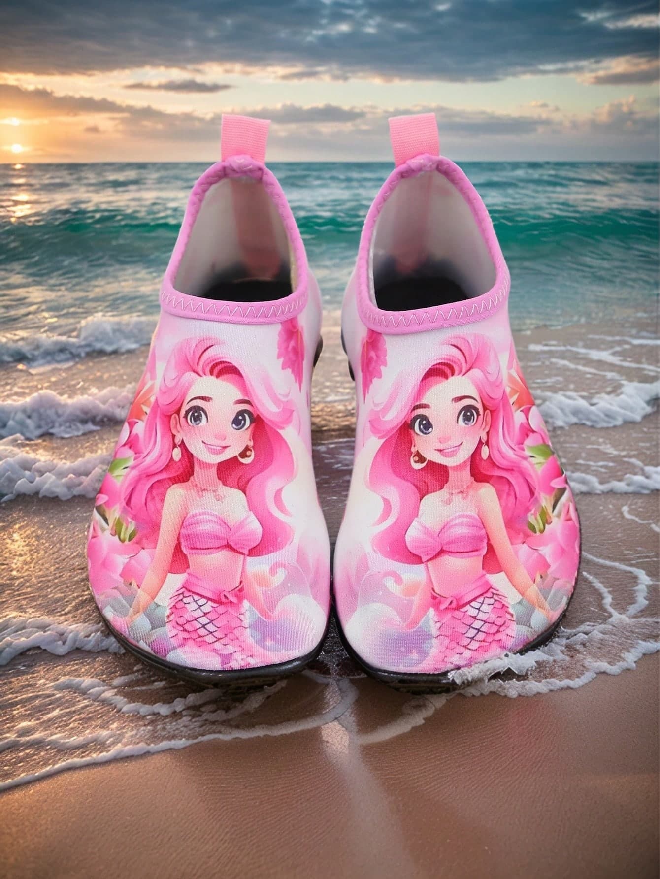 1 Pair Kids Summer Water Shoes, Outdoor Water Shoes, Yoga Shoes, Cartoon Non-Slip Breathable Beach Shoes, Training Shoes, Girls Cartoon Pattern Round Toe Fabric Sports Water Socks