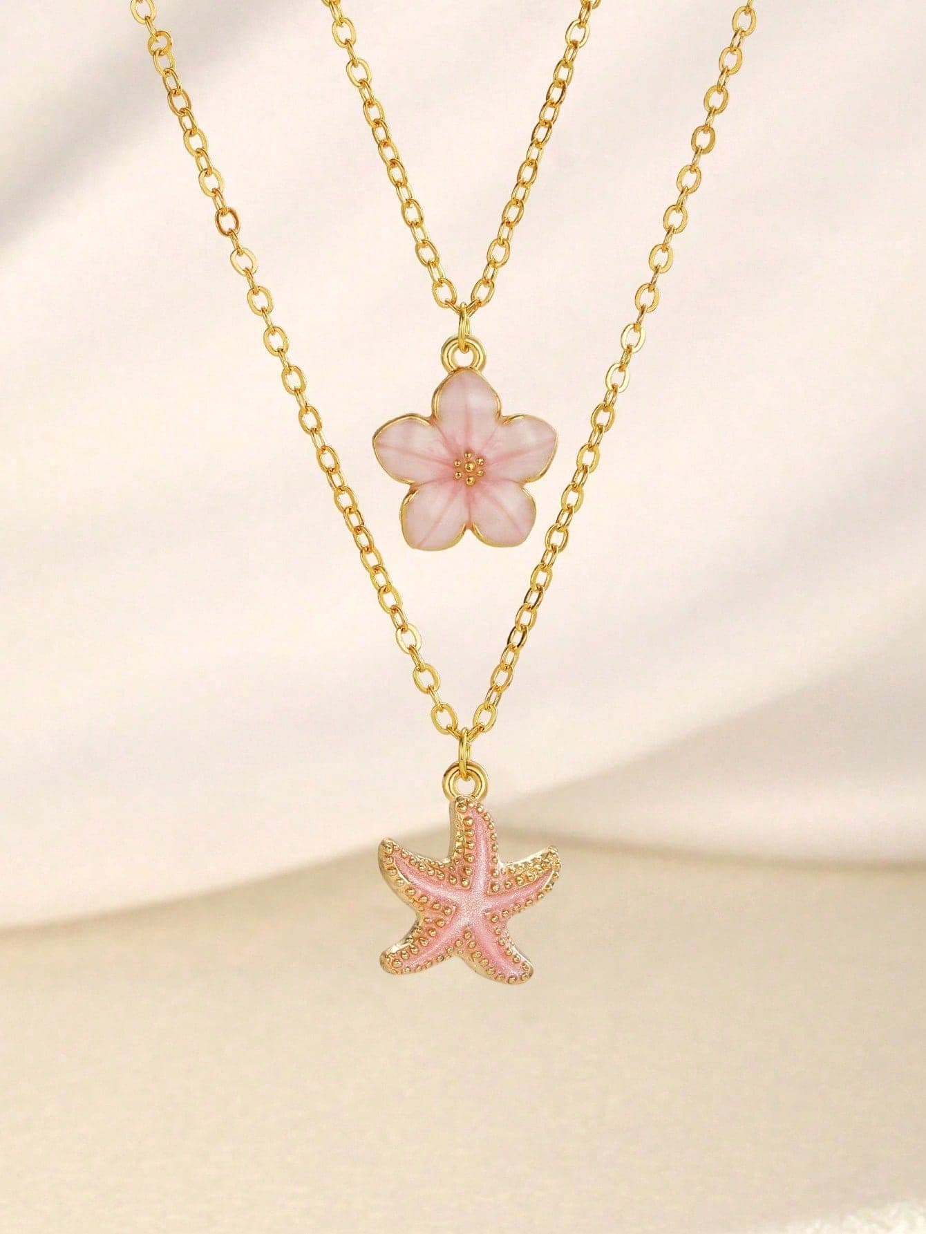 2pcs Delicate & Fashionable Sweet 5-Petal Flower & Starfish Pendant Necklace, Women's Summer Beach Holiday Party Jewelry Accessories, Everyday Wear