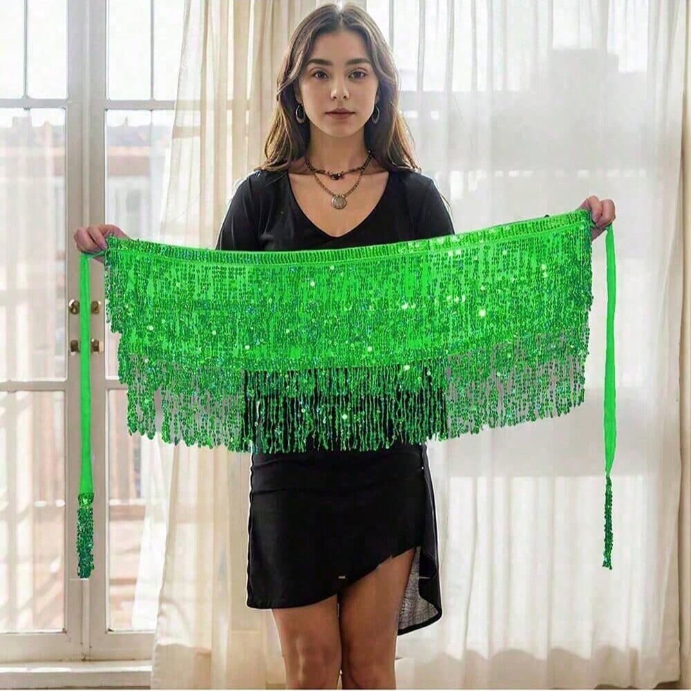 Women's Sequin Shiny Belly Dance Hip Scarf, Monkey Style Glitter Hip Wrap Skirt Belt For Party Costume, Adult Stage Belly Dance Waist Chain