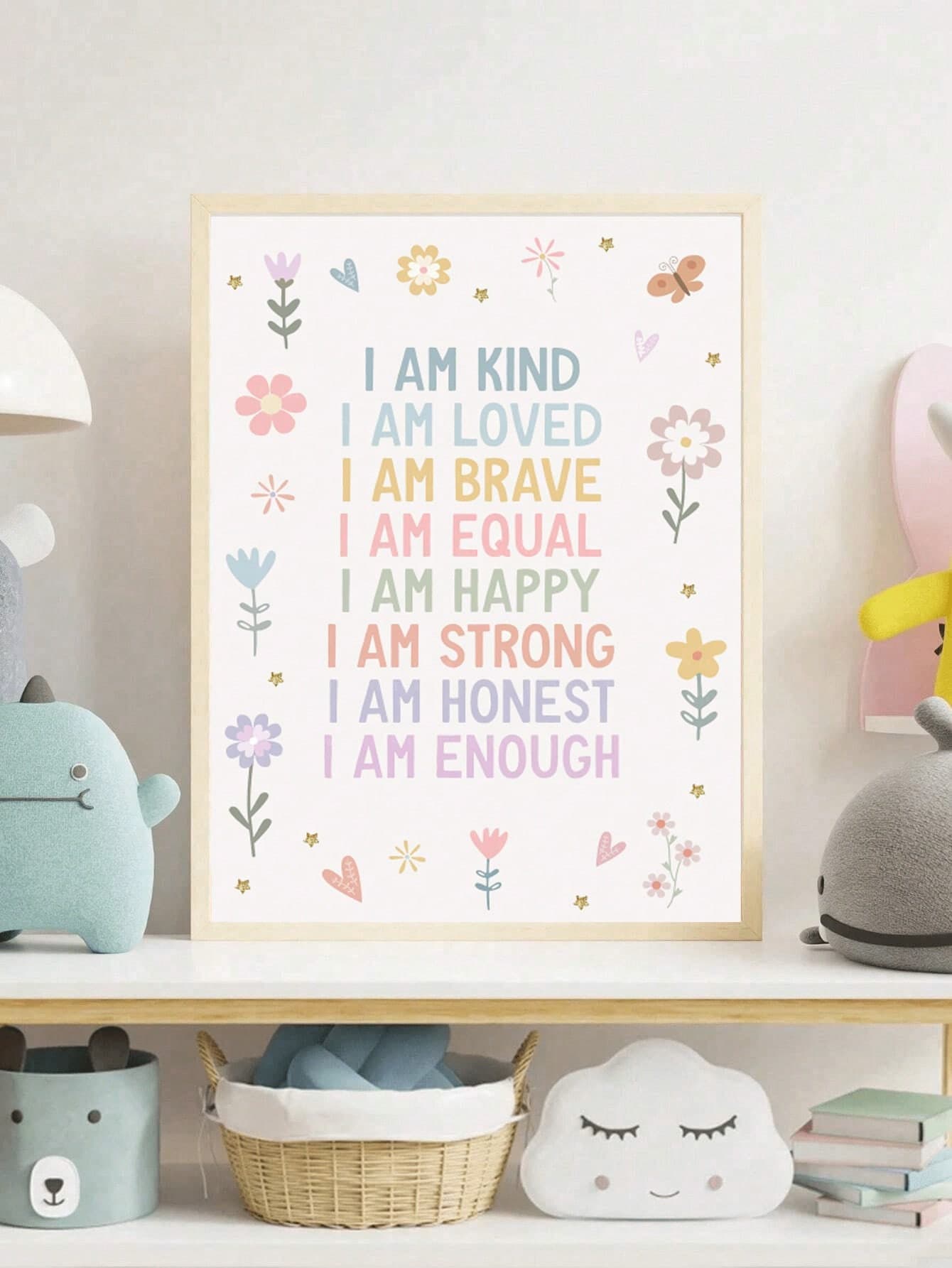 1pc Inspirational Watercolor Quote Framed Canvas Wall Art, Suitable For Children's Room, Boho Style Nursery Decor, Positive Affirmation Quote, Wall Hanging Decoration, "I Am Kind, I Am Loved, I Am Brave", Motivational Print, Easy To Hang