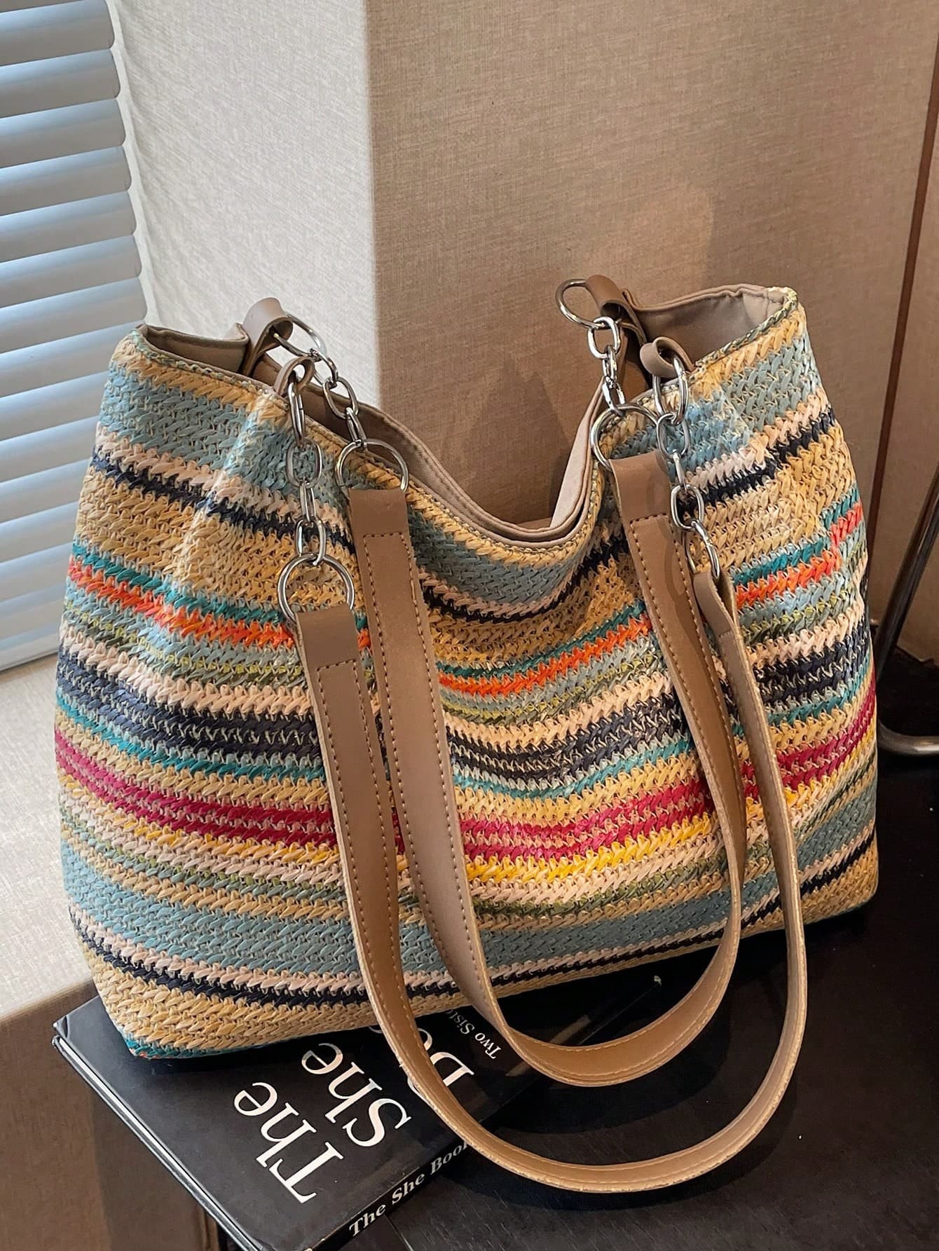 Simple Big Capacity Tote Bag Rainbow Shoulder Bag,Straw Bag