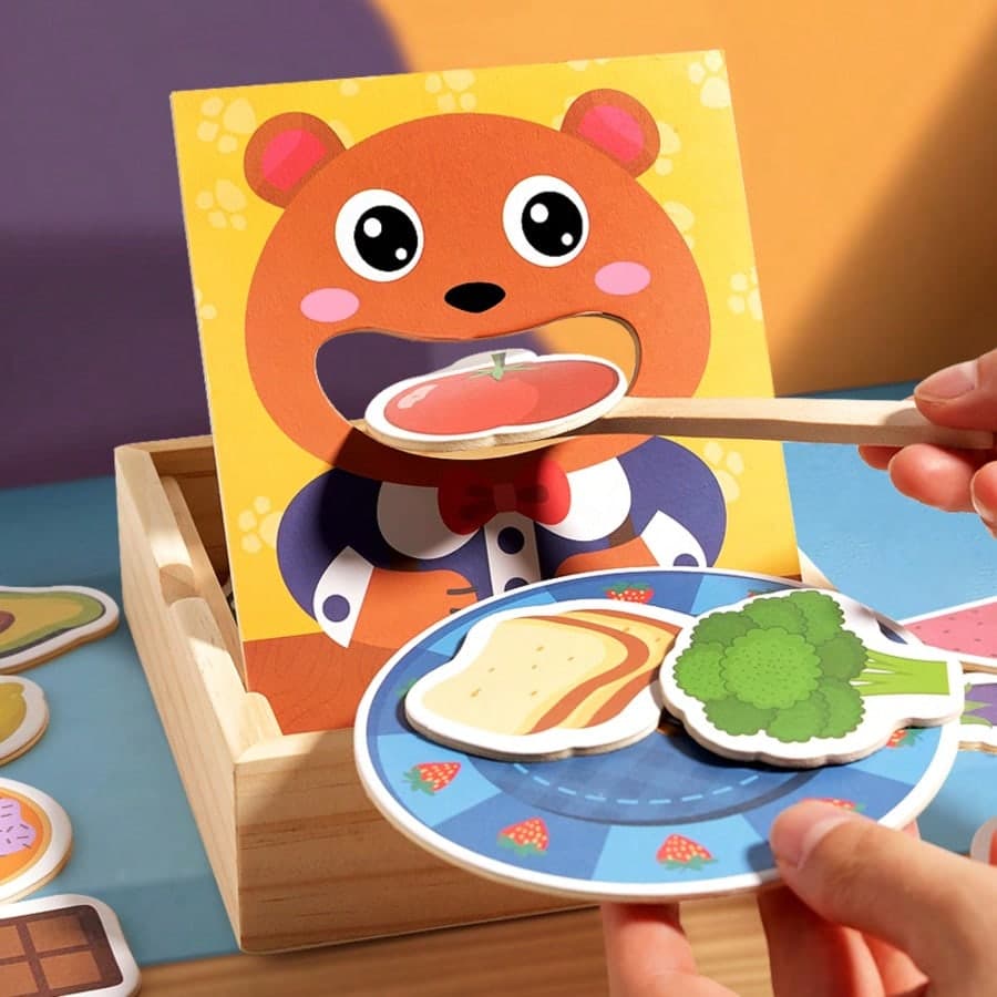 Wooden Bear Feeding Game Box, Realistic Food Feeding Toy, Fine Hand Motion Training Game Toy, Parent-Child Interaction, Suitable For Boys & Girls Educational Toys