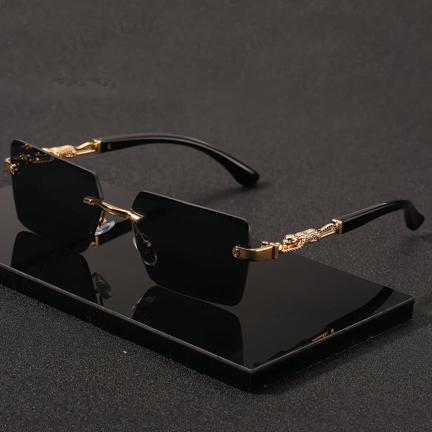 1 Pair Men's Classic Rectangular Frameless Luxury Fashion Glasses, New Square Fashion Glasses With Personalized Borderless Leopard Decoration And Cut Edge PC Lenses