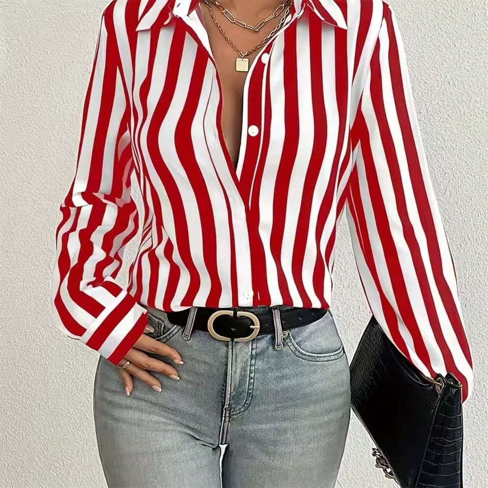 Plus Size Women Elegant Striped Long Sleeve Single-Breasted Casual Shirt, Suitable For Autumn Date, Airport And Daily Wear Spring