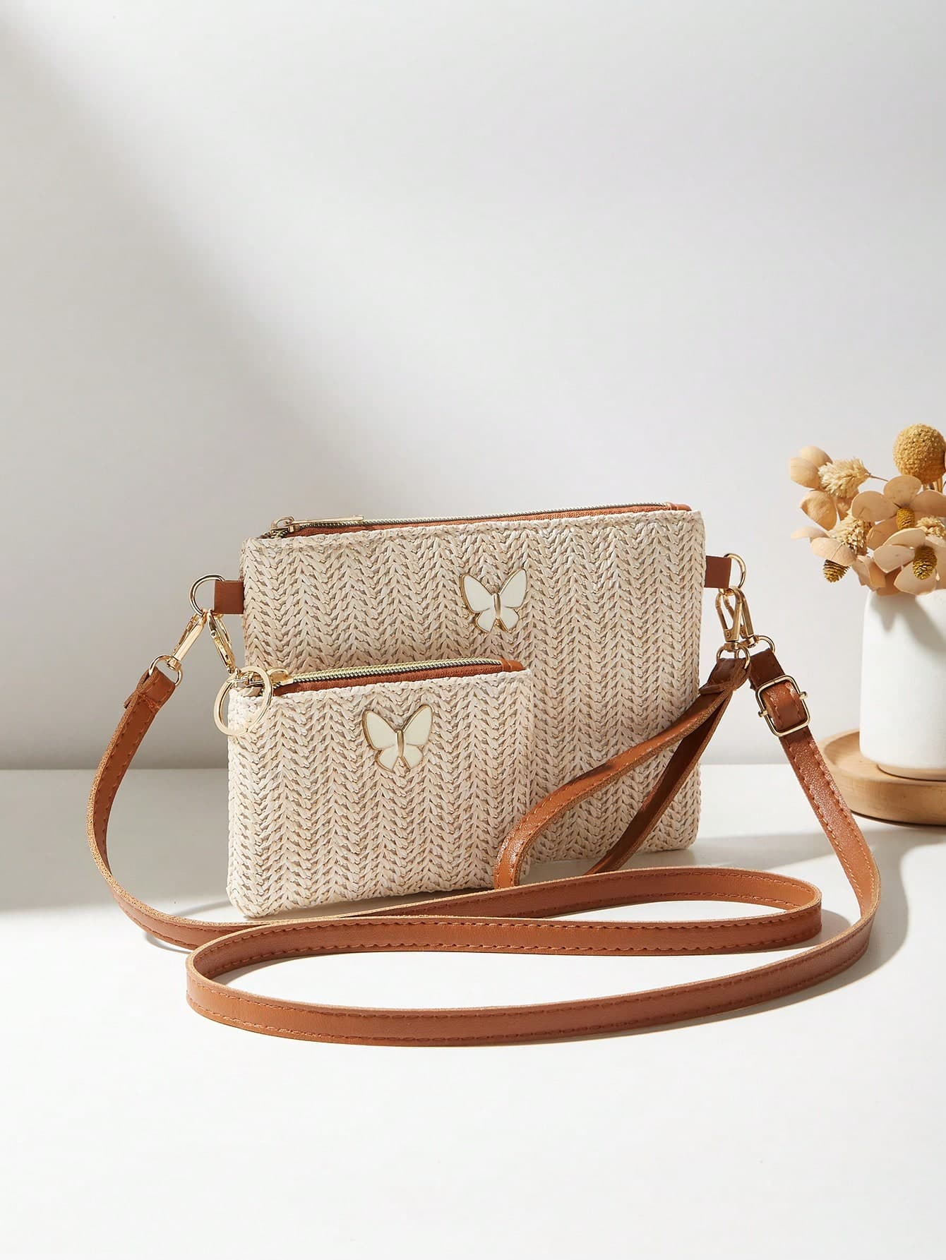 2pcs Set Fashionable New Straw Woven Bag, Shoulder Crossbody Bag, Women's Purse, Coin Purse