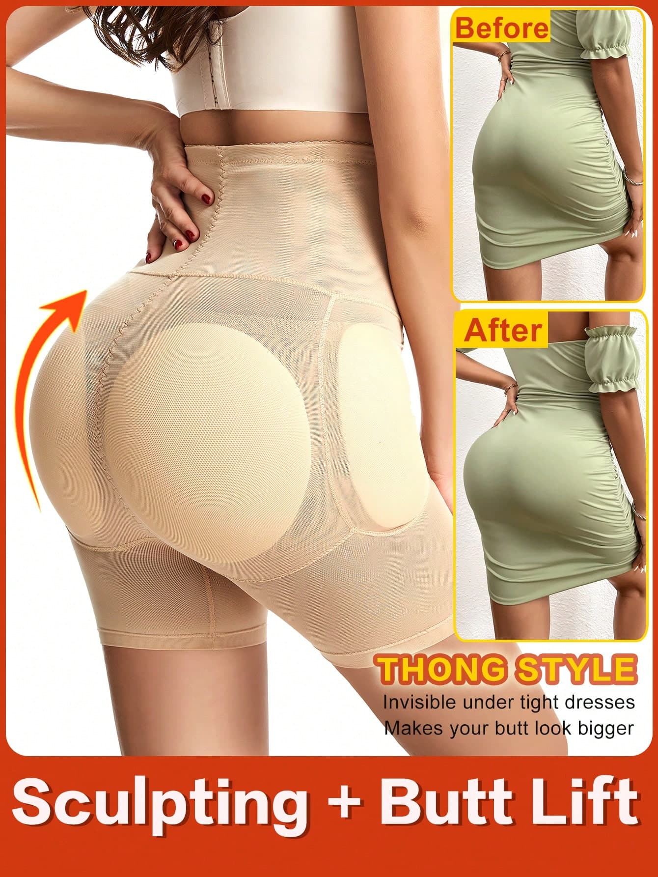 Women's High Waist Body Shaper Shorts - Padded Butt Lifter, Tummy Control Seamless Shapewear With Removable Foam Pads For Hips Enhancement