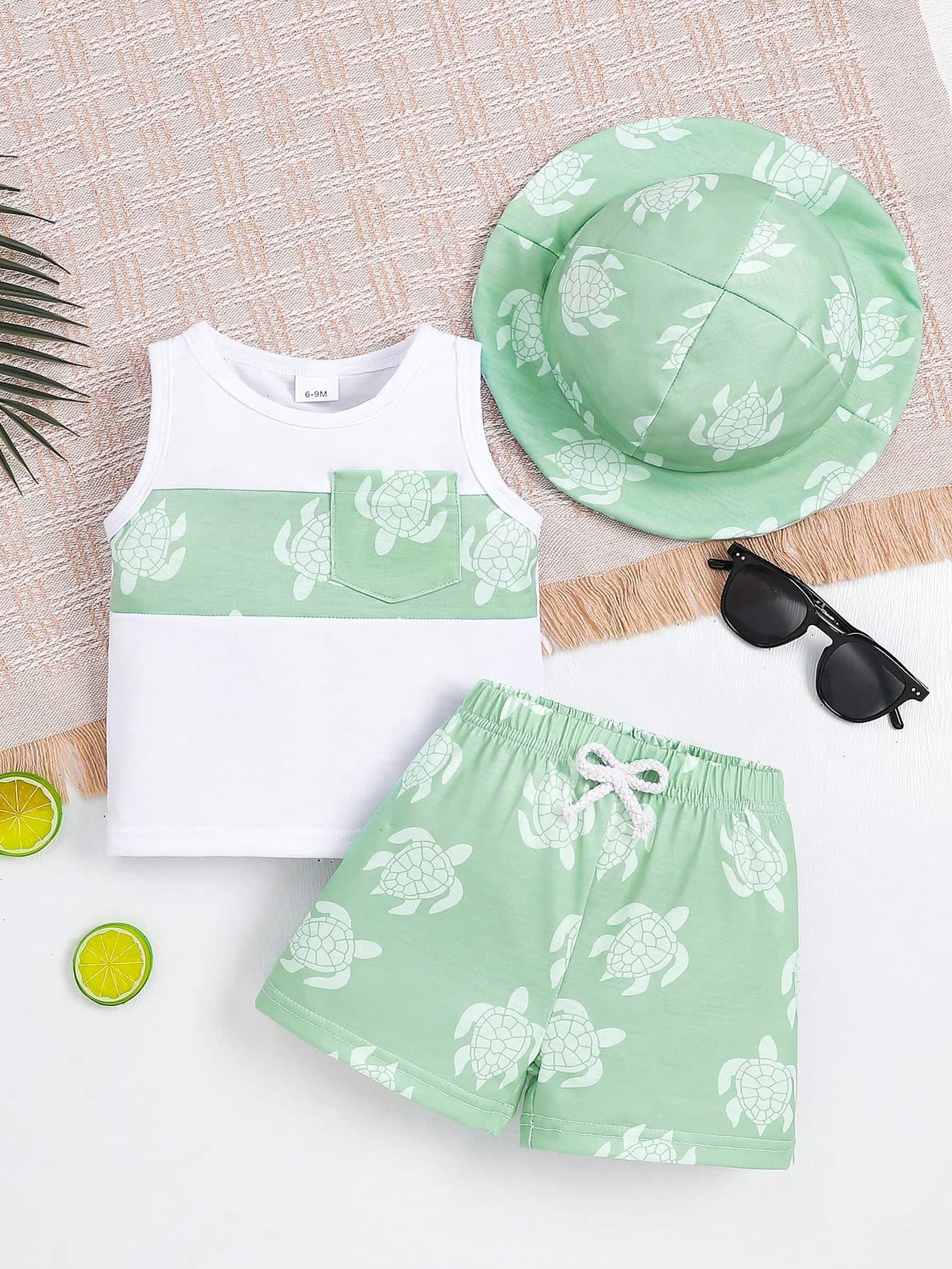3pcs/Set Fashion Baby Boy Turtle Print Top, Print Shorts And Hat Set, Summer