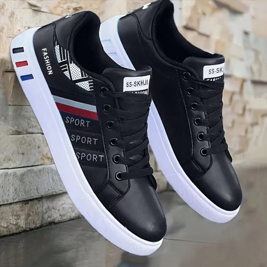 OBOVAY Men's Striped Lace-Up Skate Shoes - Durable PU Leather Upper, Breathable Fabric Lining, Cloth Insole, Anti-Slip PVC Outsole, Round Toe Design, Suitable For Outdoor Casual Wear In Spring, Summer, Autumn And Winter
