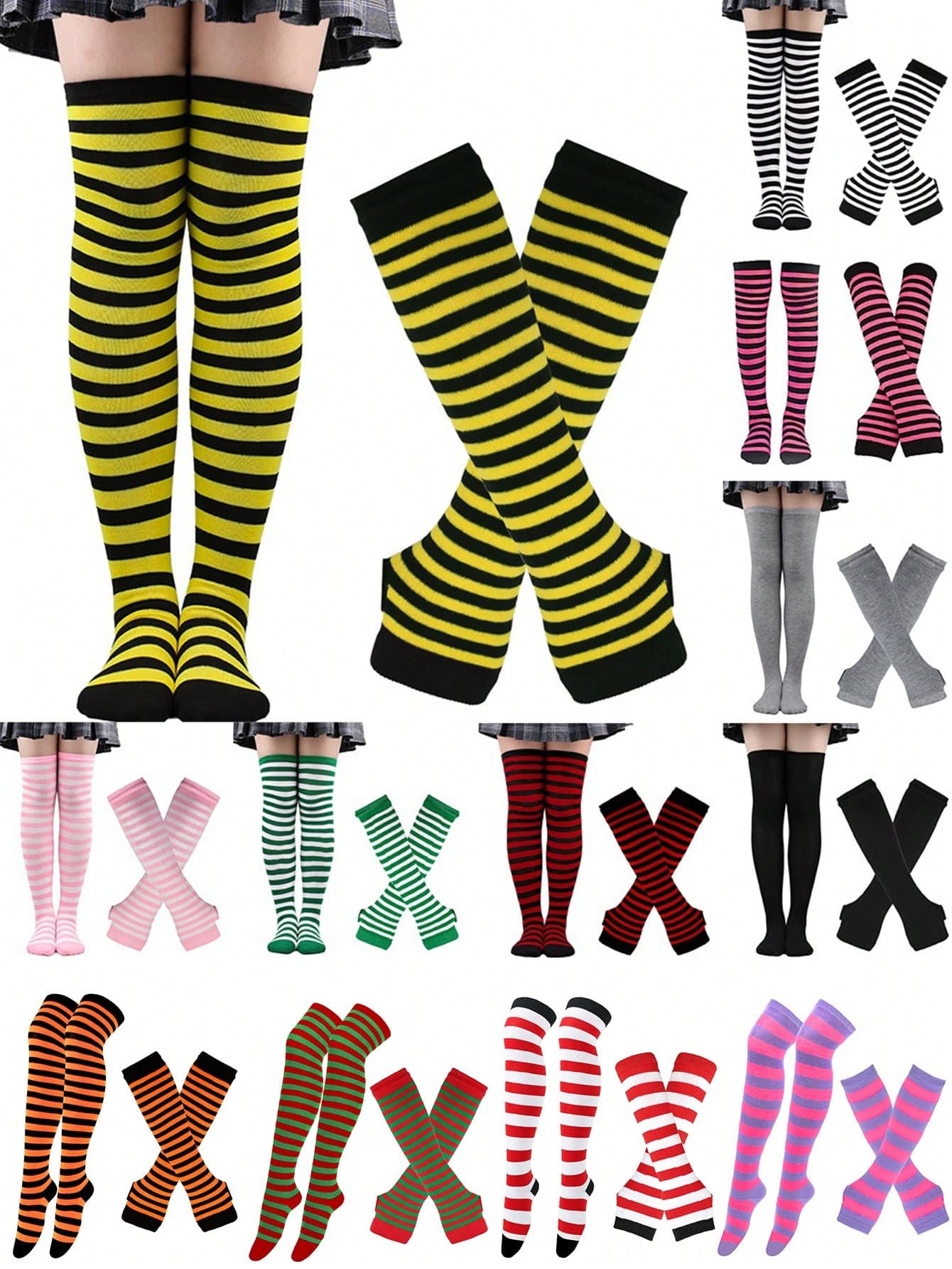 1 Pair Women's Seasonal Christmas Striped Thigh High Socks + Fingerless Gloves, Solid Color Socks, Suitable For Dates, Parties, Carnivals, Cosplay, Accessories, Arm Warmers, Thigh High Socks, Y2K Style, Comfortable