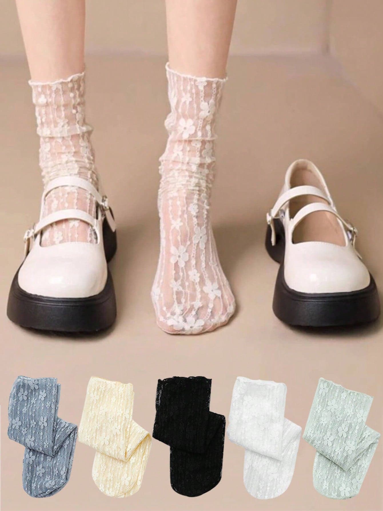 5 Pairs Women's Summer Thin Black & White Lace Floral Lolita Cute Knee High Socks, Ladies Lingerie Mid-Calf Socks, Christmas Gift