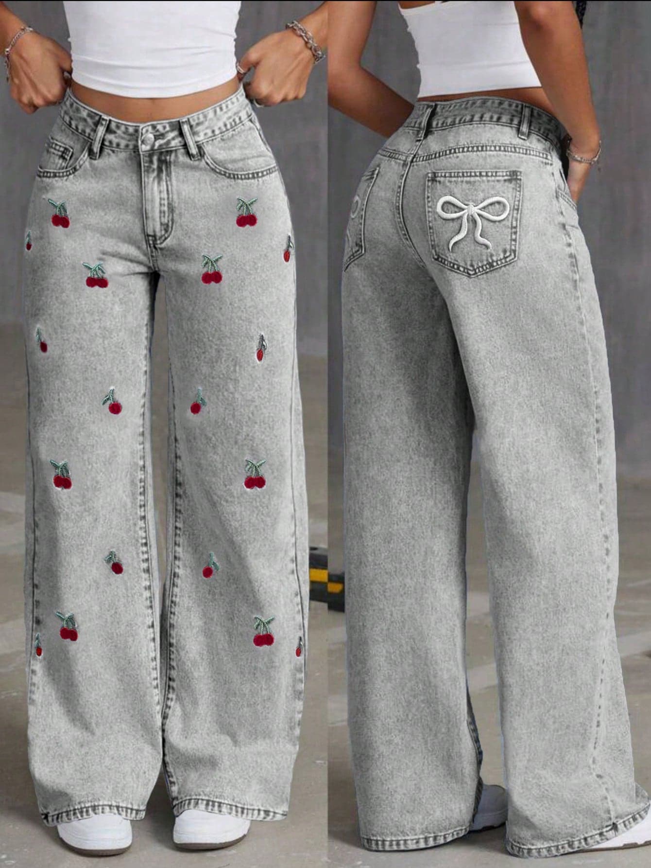 Teen Girls Fashion Street Style Bow Embroidery Detail Relaxed Wide-Leg Elastic Waist Jeans