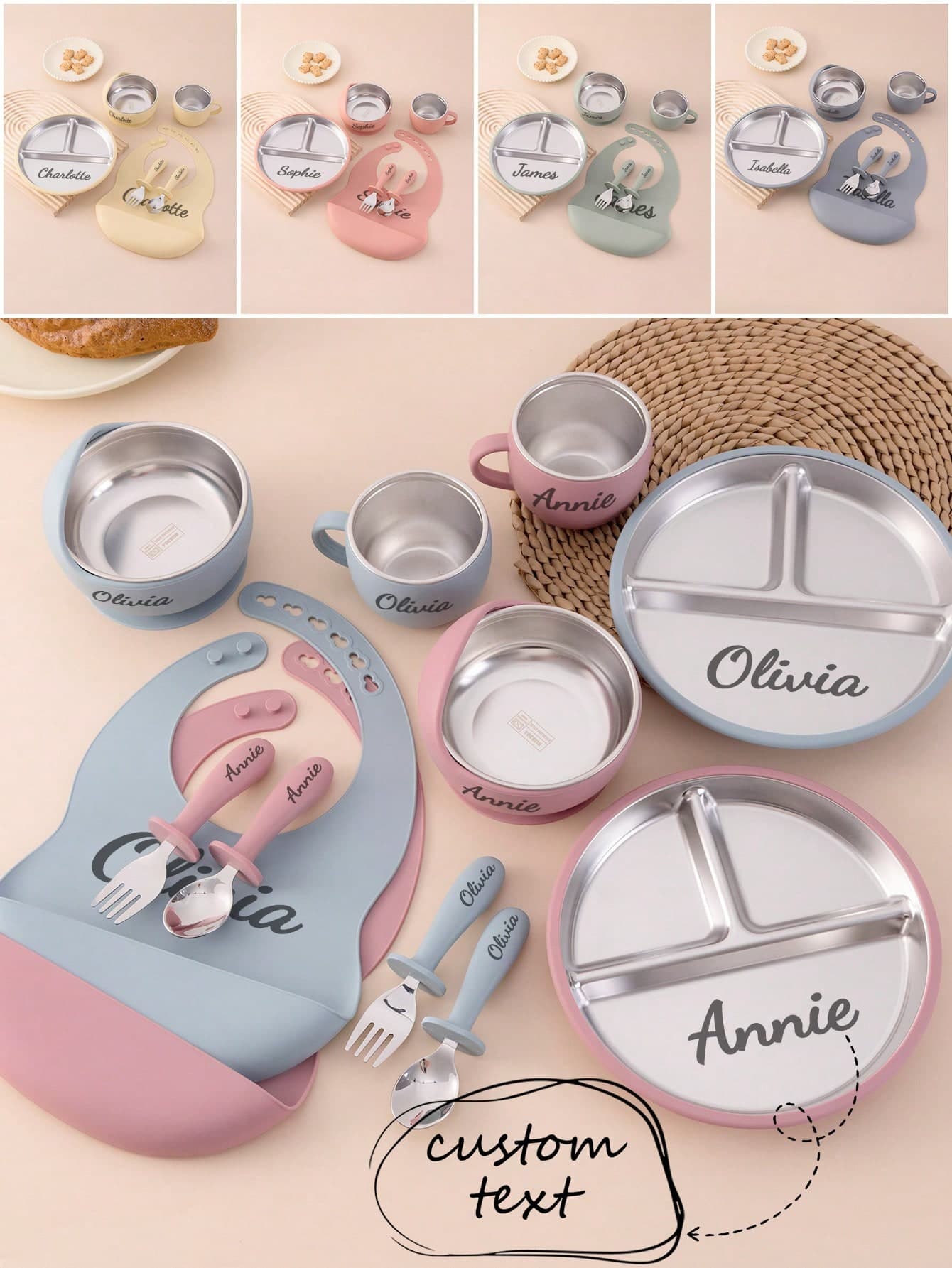 6PCS Print On Demand Baby Silicone Bib Stainless Steel Cup Spoon Fork Sets Self Feeding Training Bowl Plate With Suction Base Baby Tableware Sets