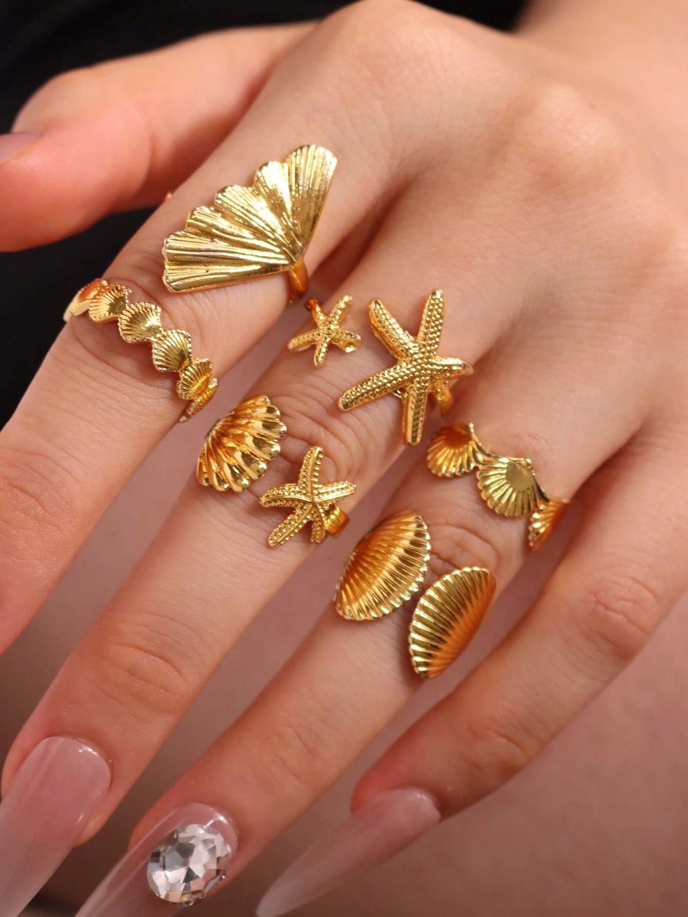 6pcs/Set Vintage Smooth Plain Rings, Fashionable Bohemian Starfish Shell Geometric Ring Set, Suitable For Women Beach Holiday Party Wear