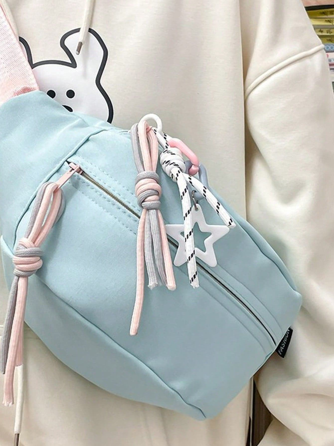 Fashion Campus Style Waist Bag, Decorated With Pink & Blue Tassels, Adjustable Shoulder Strap, Zipper Closure, Nylon Lining. Women's Summer Bag, Fashionable Crossbody Bag, Women's Wallet