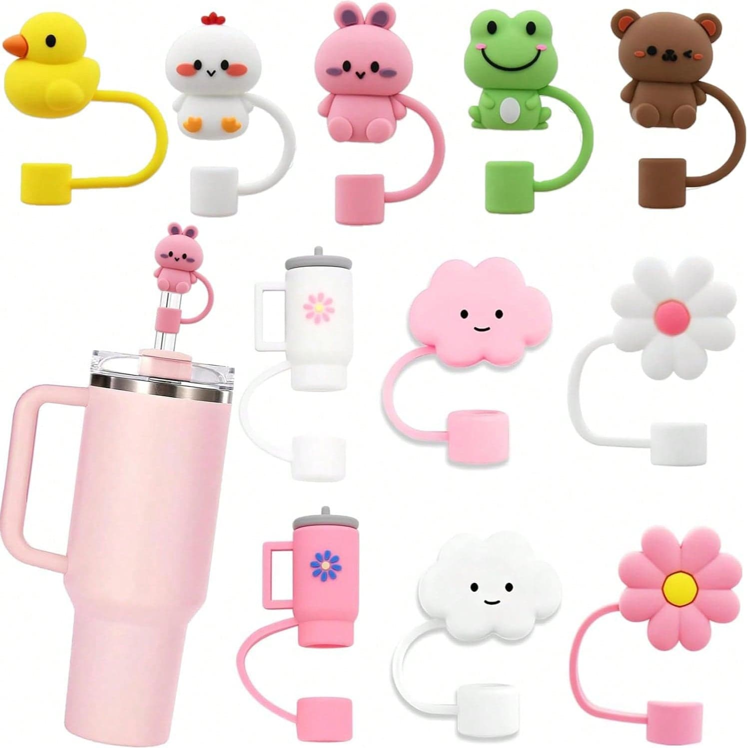 1/11pcs Cute Animal Silicone Straw Cover For Cup, Silicone Straw Topper For Cup 30&40oz With Tumblers, 10mm 0.4in Lid Accessories (Reusable)
