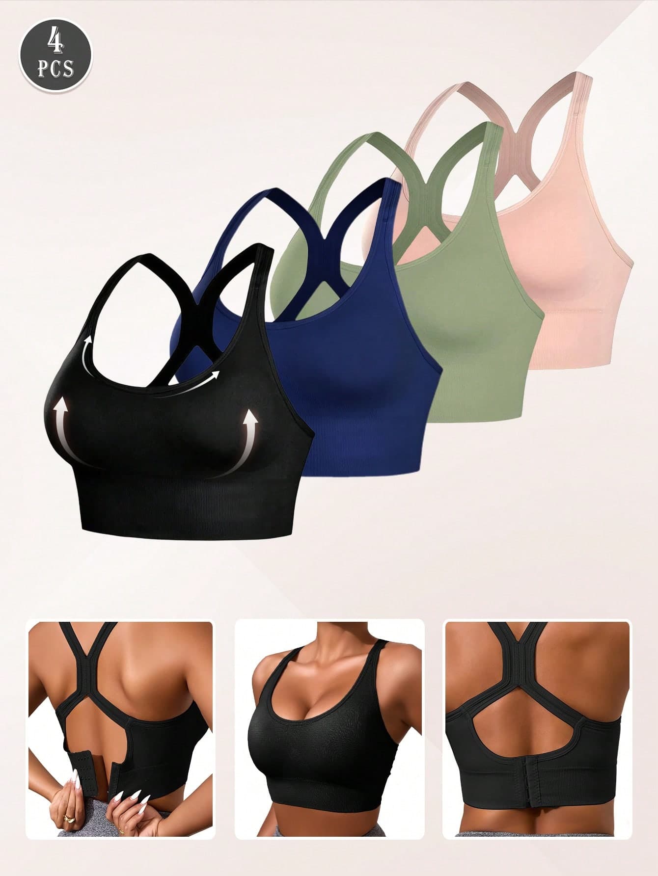 4pcs/Set Women's Seamless Shock-Absorbing Sports Bras, Lightweight & Breathable, Suitable For Yoga & Light Exercises, Beautiful Back Design, Wireless & Thick Comfort, Sporty Curve Style