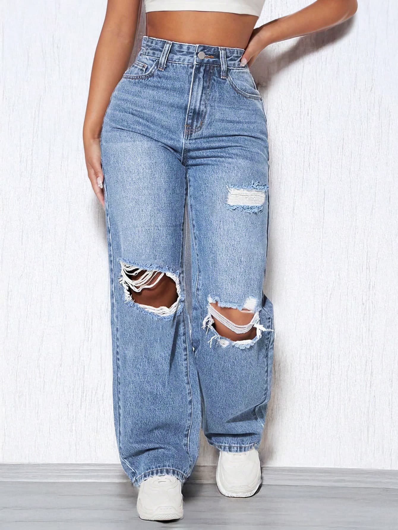 High-Waisted Loose Straight Leg Jeans, Slant Pockets And Hem Split Design, Vintage Street Bohemian Style Vacation Casual