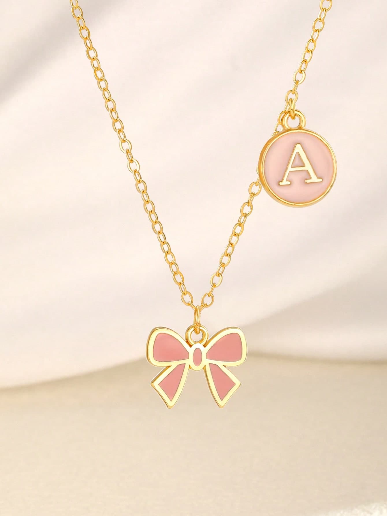 1pc Cute Exquisite Pink Bow & Initial Letter Double Pendant Necklace Clavicle Chain Necklace For Kids, Friends, Summer, Travel, Street, Daily Wear