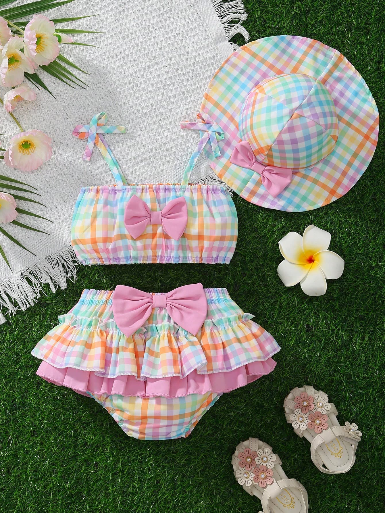 Sweet Style Woven Floral Print All-Over Print Camisole Bow Decor Triangle Spaghetti Strap Dress Elastic Waist Vacation Tiered Cake Skirt Girls Set And Hat Set Summer Daily Wear