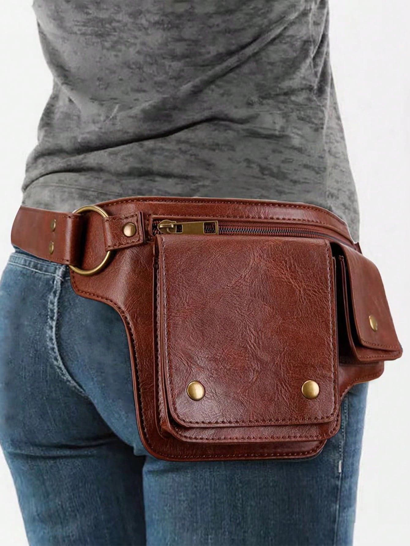 Punk Style Retro PU Leather Waist Bag - Outdoor Sports Travel Crossbody Bag