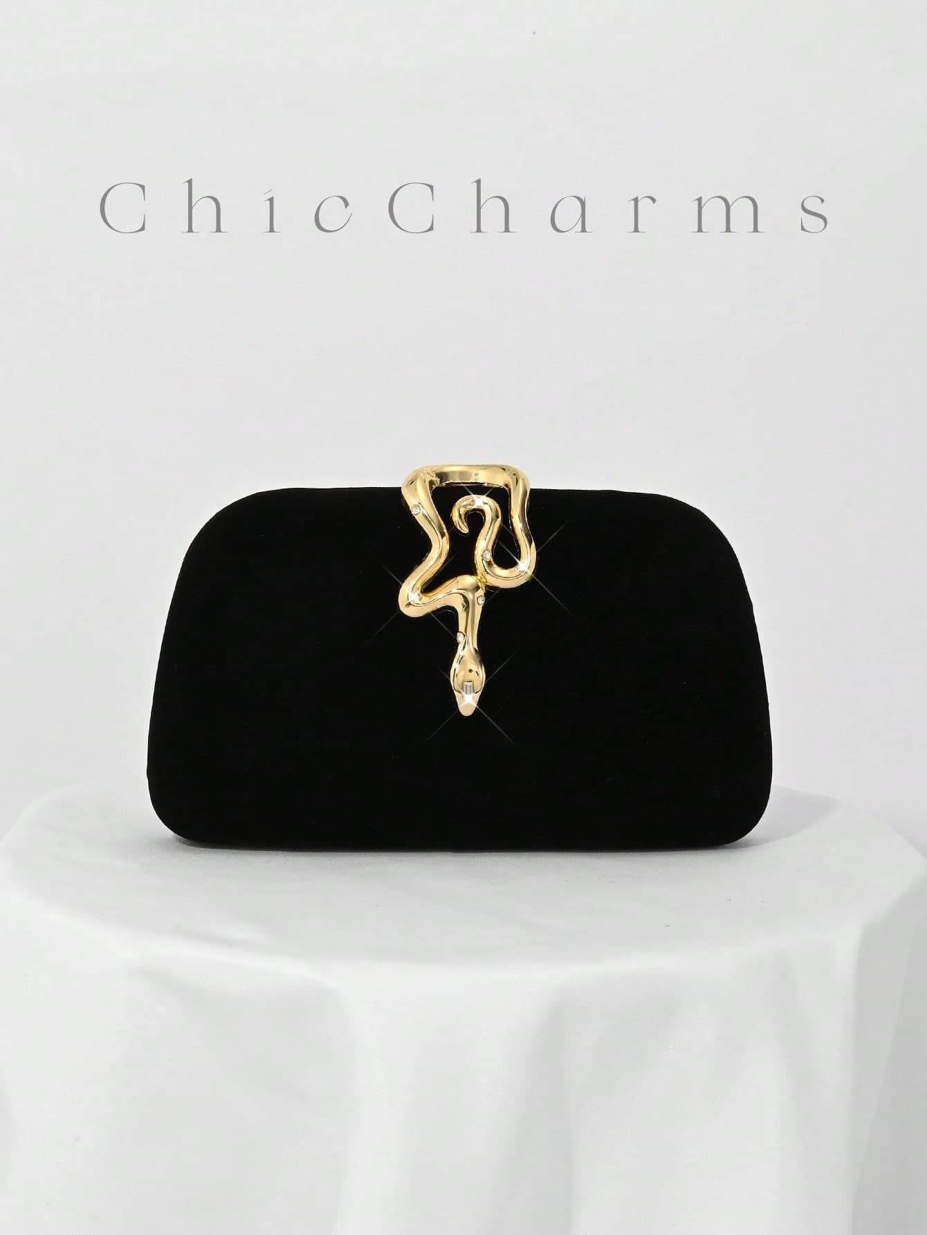 1pc Black Velvet, Small Clutch Bag, Rhinestone Chain Decor Snakehead Lock For Evening Dress, Suitable For Formal Dinner, Party, Wedding, Cocktail