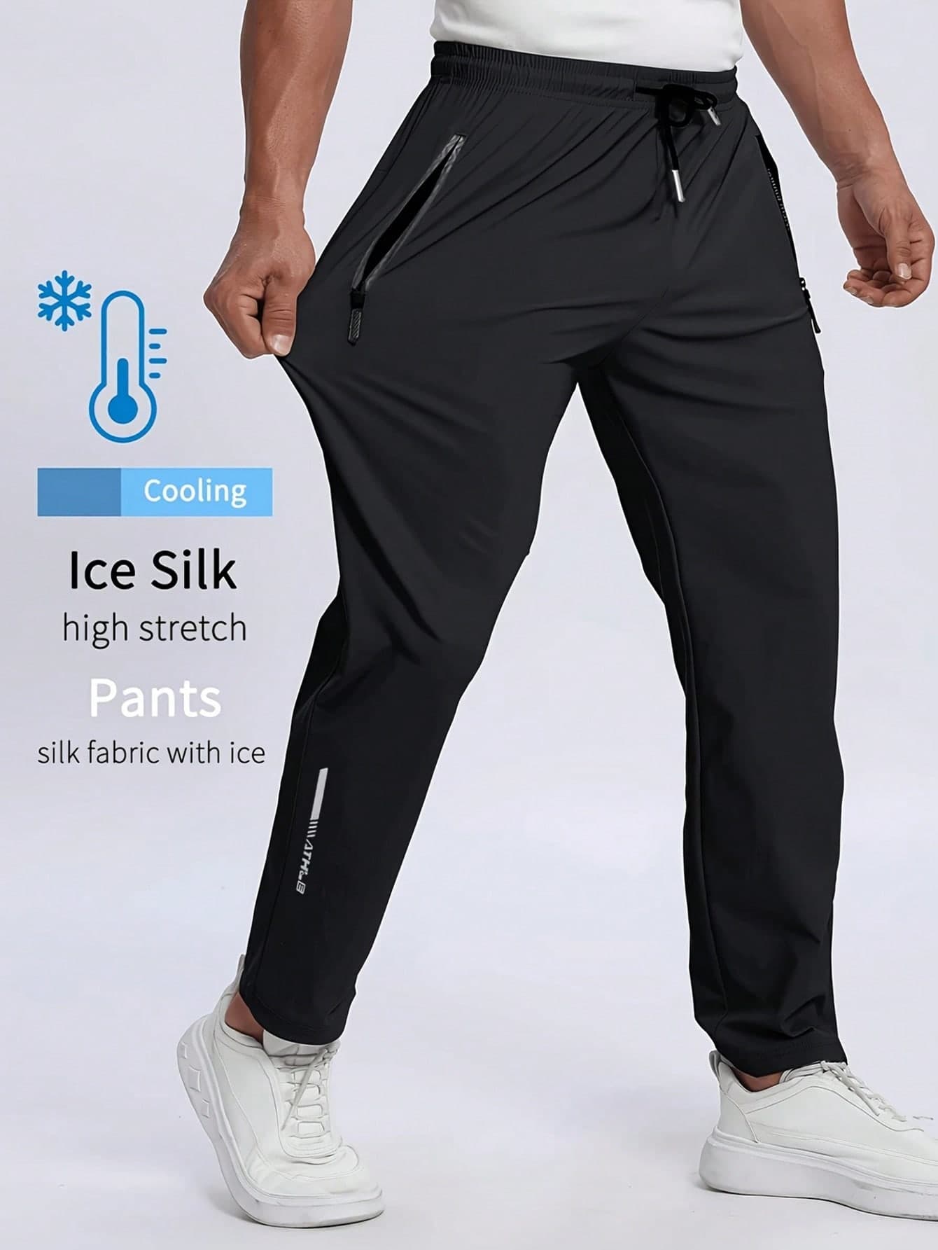 Men's Lightweight Breathable Elastic Running Pants For Summer, With Zipper Pockets And Drawstring Waist, Soft And Comfortable Icy Silk Fabric, Solid Color Sports Trousers, Suitable For Casual, Outdoor, Workout, Vacation, Fishing Black Spring